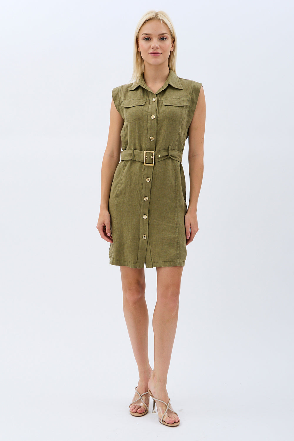 Diagonal-Kemerli Keten Elbise (Haki)-ELBİSE-2-Milagron.com