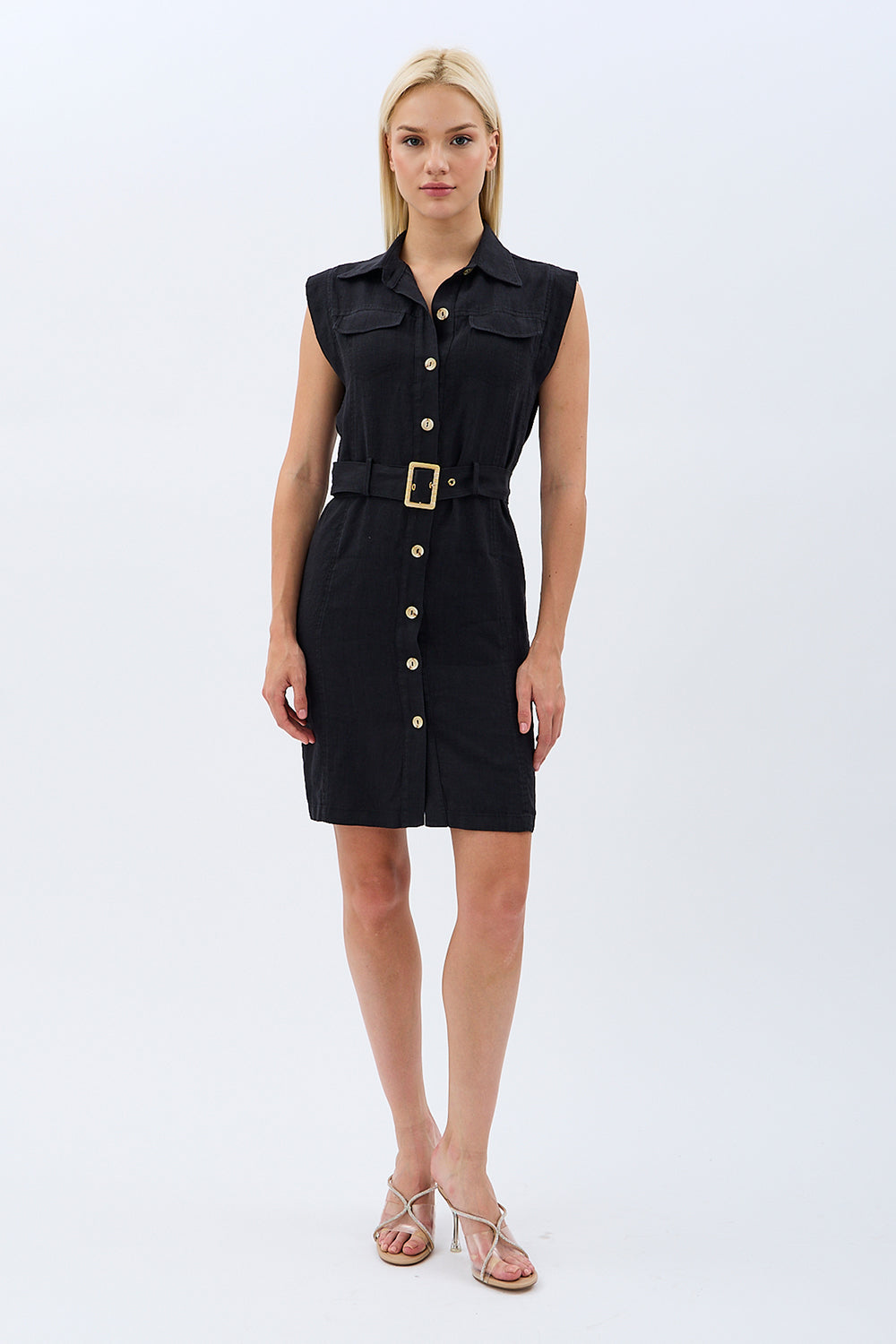 Diagonal-Kemerli Keten Elbise (Siyah)-ELBİSE-5-Milagron.com