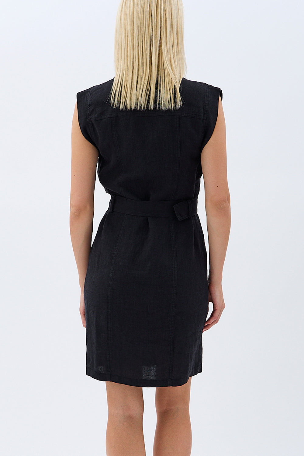 Diagonal-Kemerli Keten Elbise (Siyah)-ELBİSE-6-Milagron.com