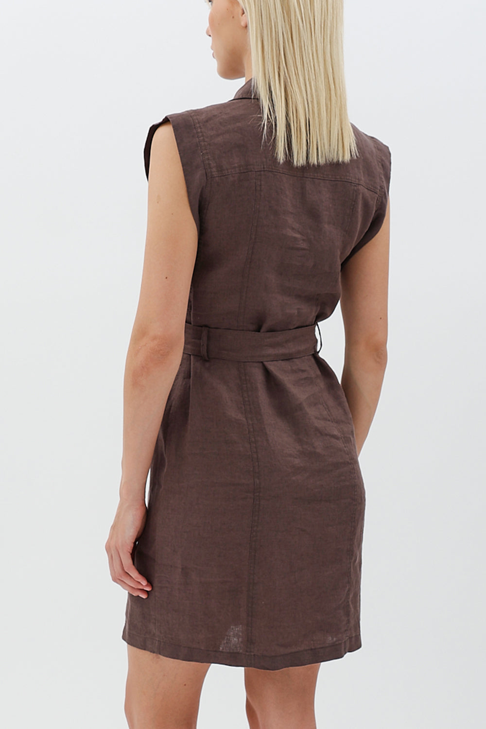 Diagonal-Kemerli Keten Elbise (Kahverengi)-ELBİSE-7-Milagron.com