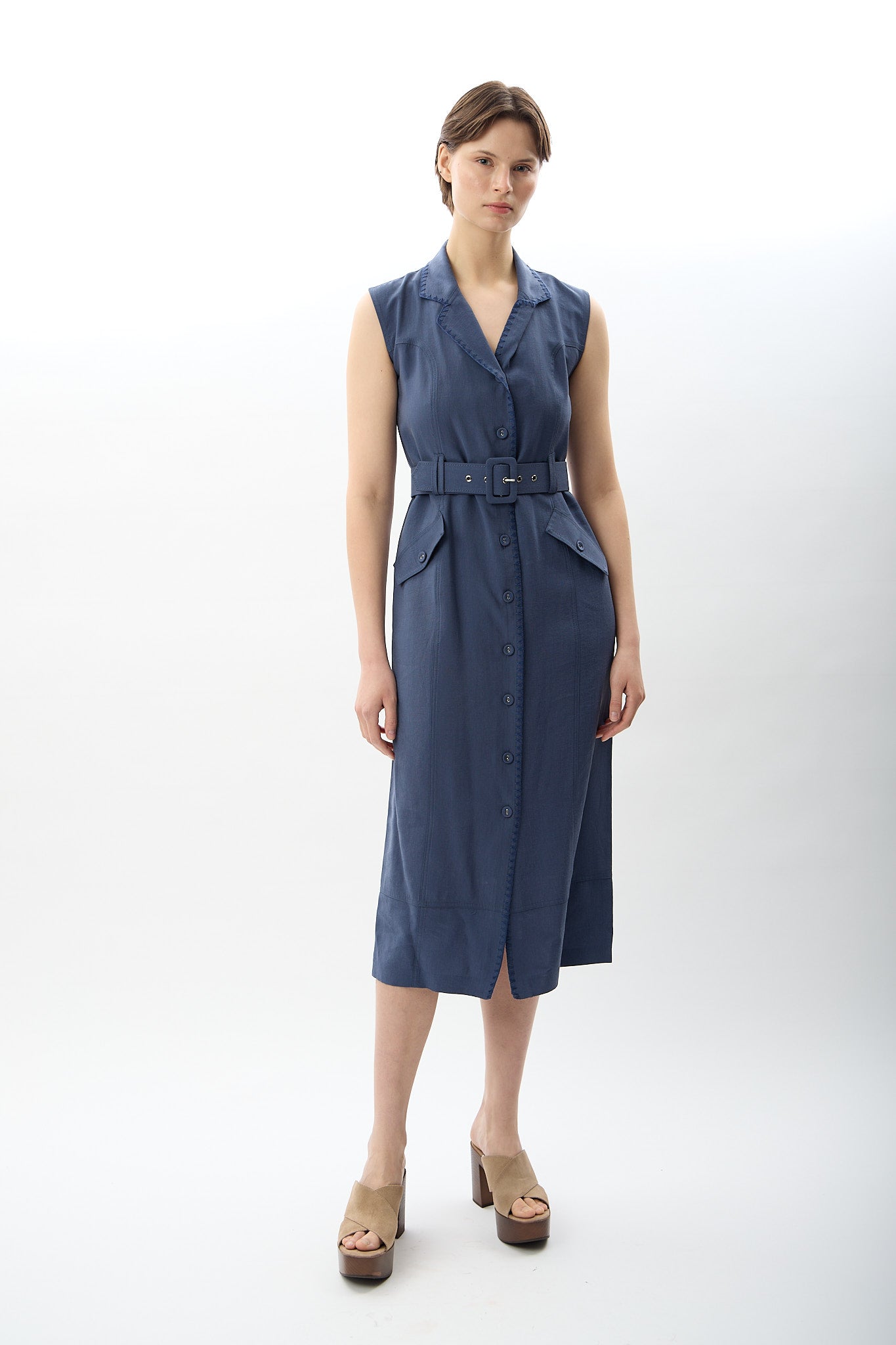 Diagonal-Kemerli Kolsuz Elbise (Mavi)-ELBİSE-1-Milagron.com