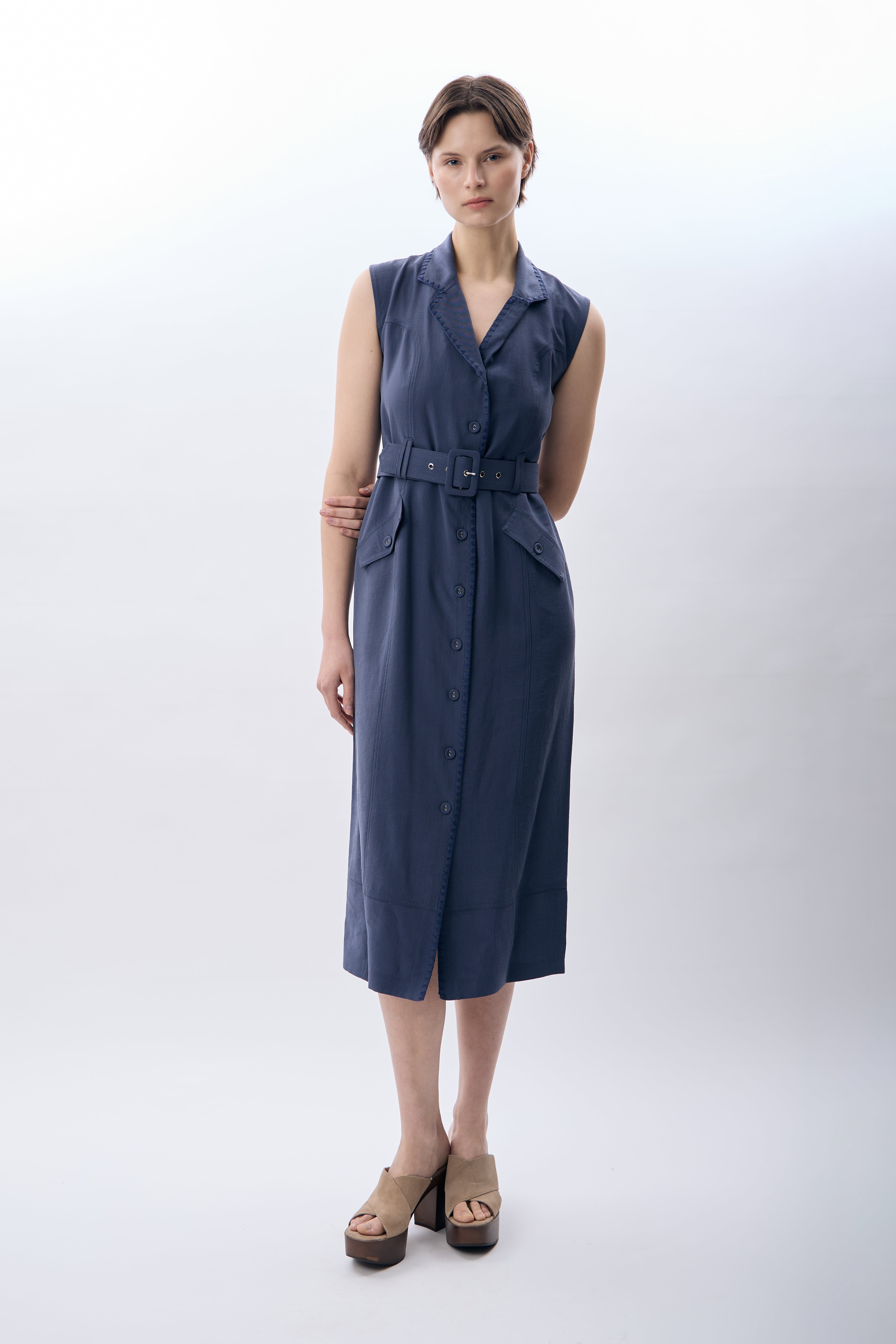 Diagonal-Kemerli Kolsuz Elbise (Mavi)-ELBİSE-2-Milagron.com