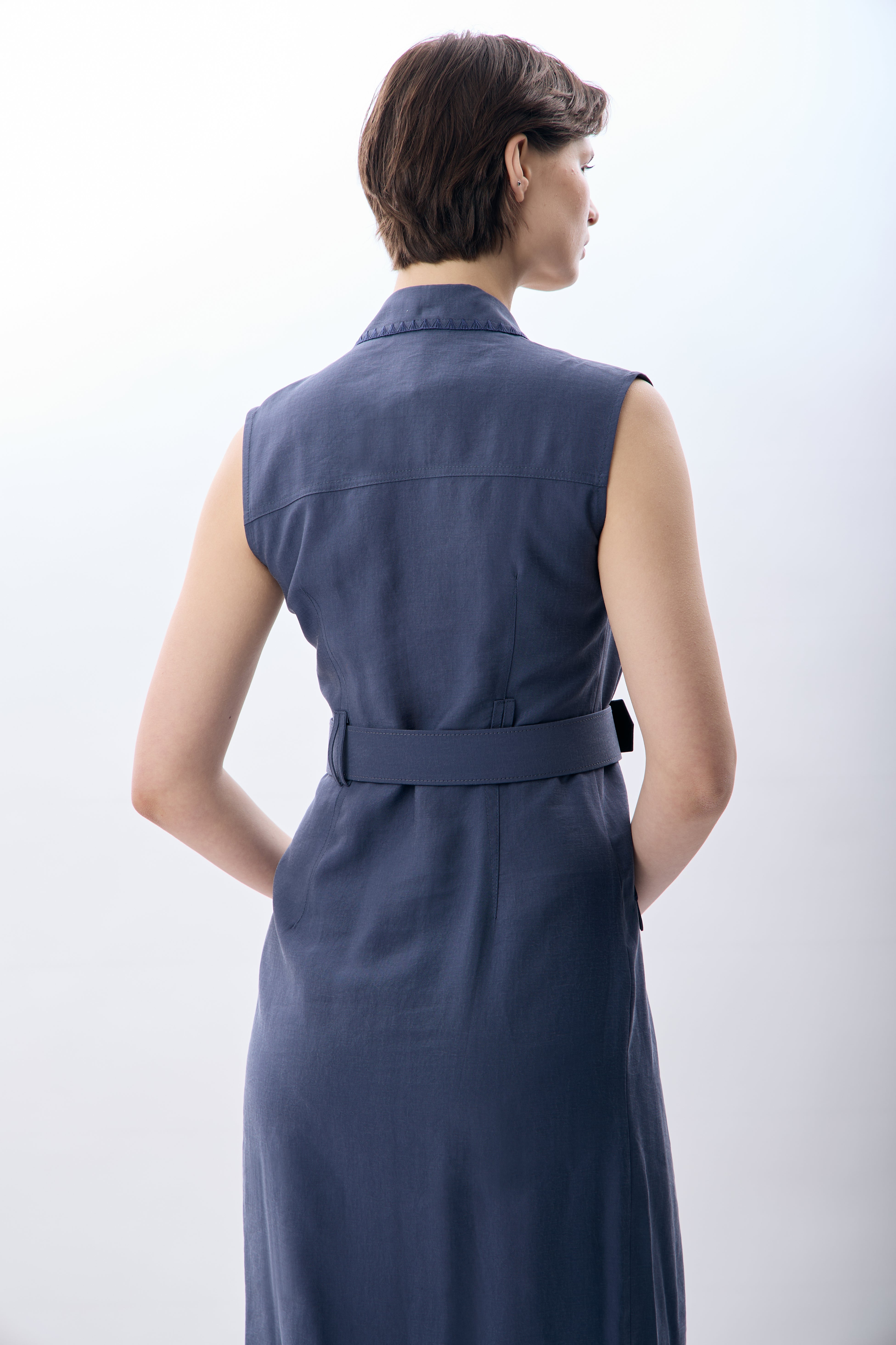 Diagonal-Kemerli Kolsuz Elbise (Mavi)-ELBİSE-5-Milagron.com