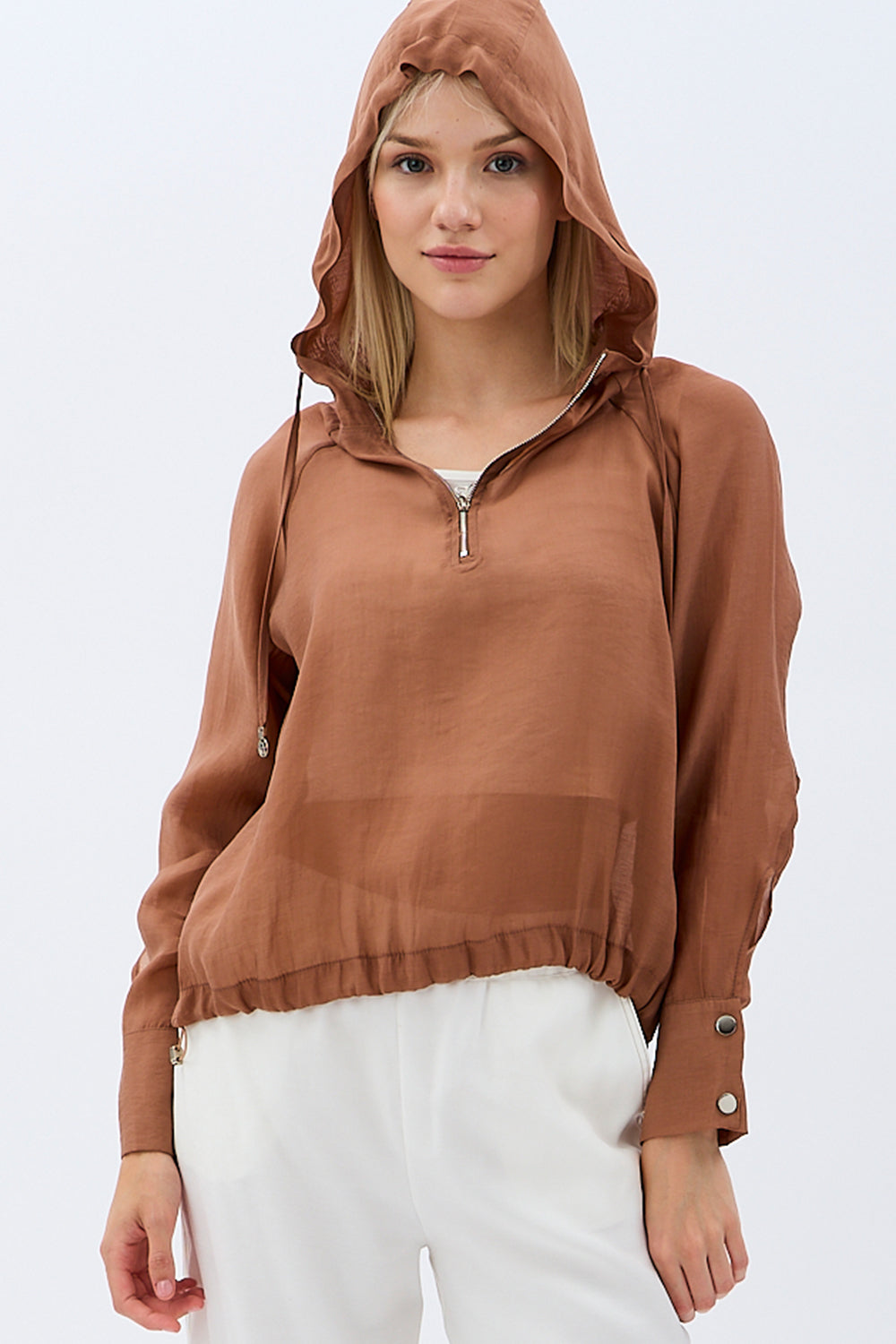 Diagonal-Keten Kapüşonlu Bluz (Kahverengi)-BLUZ-1-Milagron.com