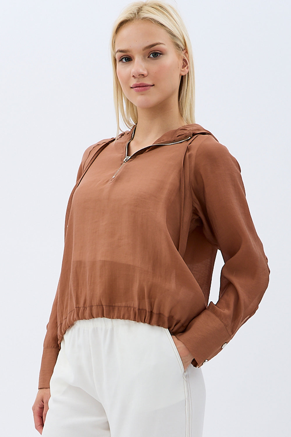 Diagonal-Keten Kapüşonlu Bluz (Kahverengi)-BLUZ-2-Milagron.com