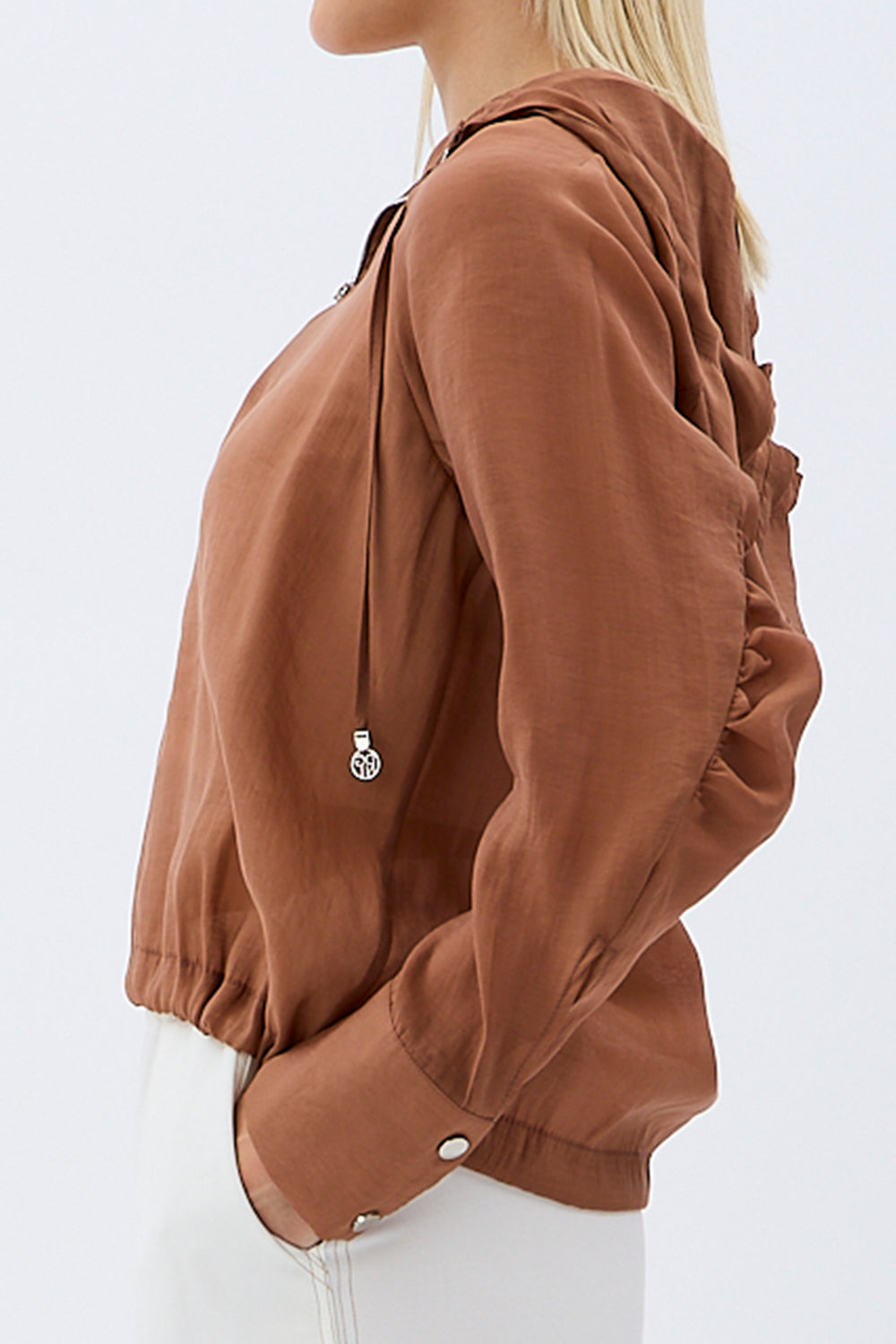 Diagonal-Keten Kapüşonlu Bluz (Kahverengi)-BLUZ-4-Milagron.com