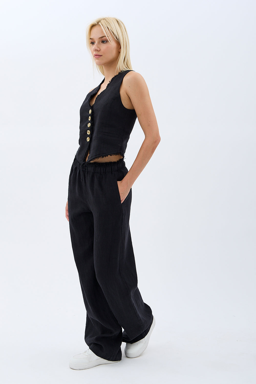 Diagonal-Keten Pantolon (Siyah)-PANTOLON-2-Milagron.com