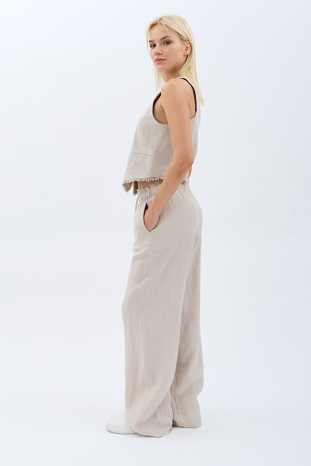 Diagonal-Keten Pantolon (Krem)-PANTOLON-2-Milagron.com