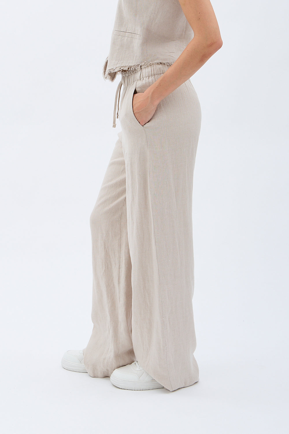 Diagonal-Keten Pantolon (Krem)-PANTOLON-3-Milagron.com