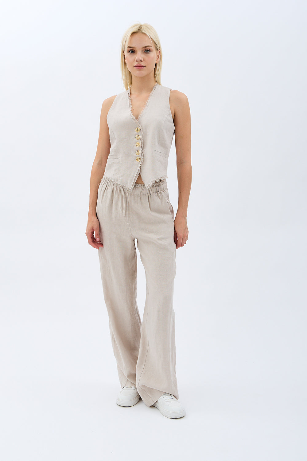 Diagonal-Keten Pantolon (Krem)-PANTOLON-5-Milagron.com