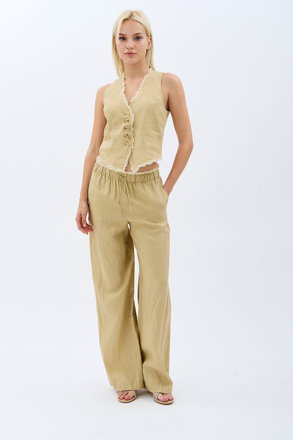 Diagonal-Keten Pantolon (Bej)-PANTOLON-8-Milagron.com