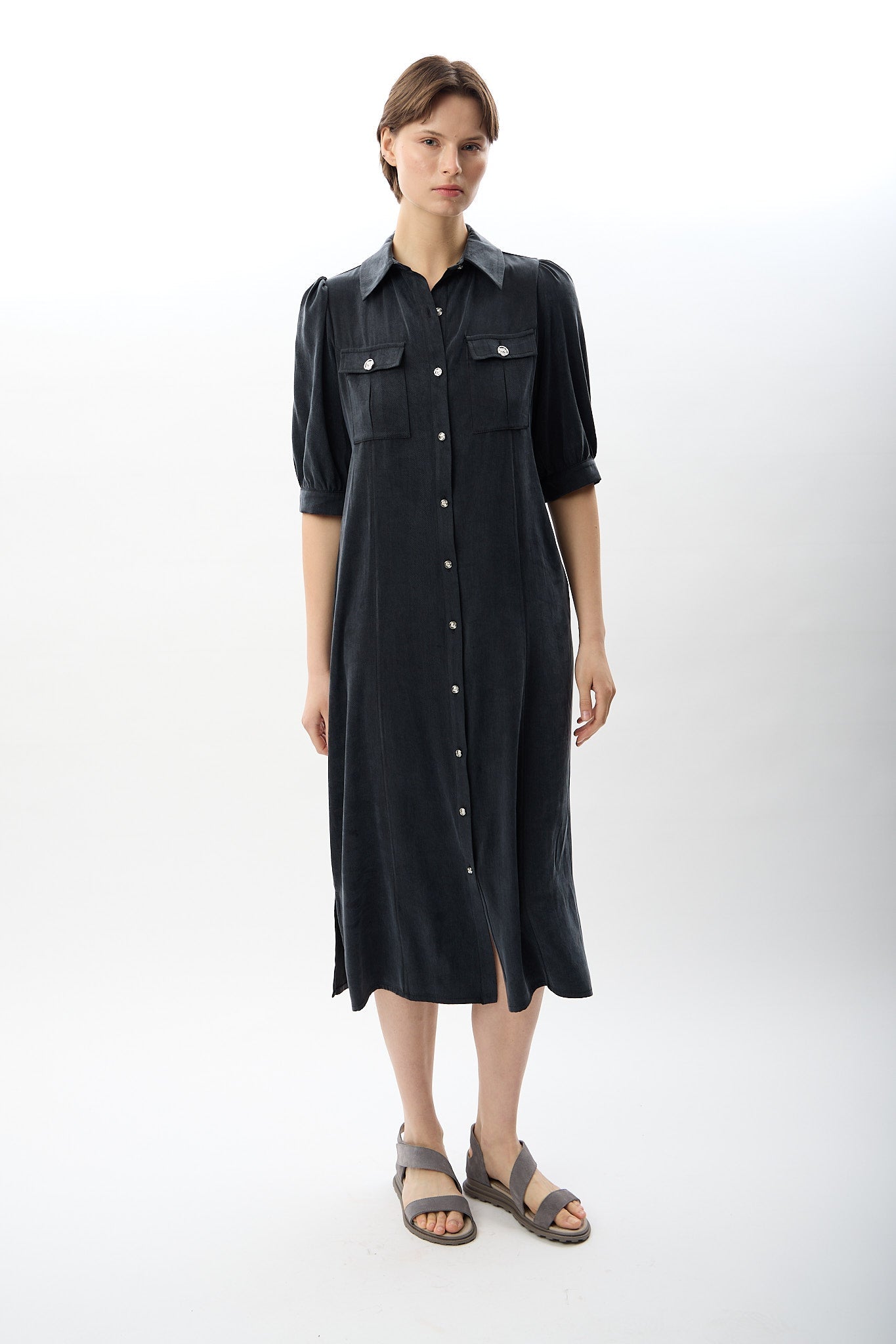 Diagonal-Kısa Kollu Gömlek Elbise-Elbise-1-Milagron.com