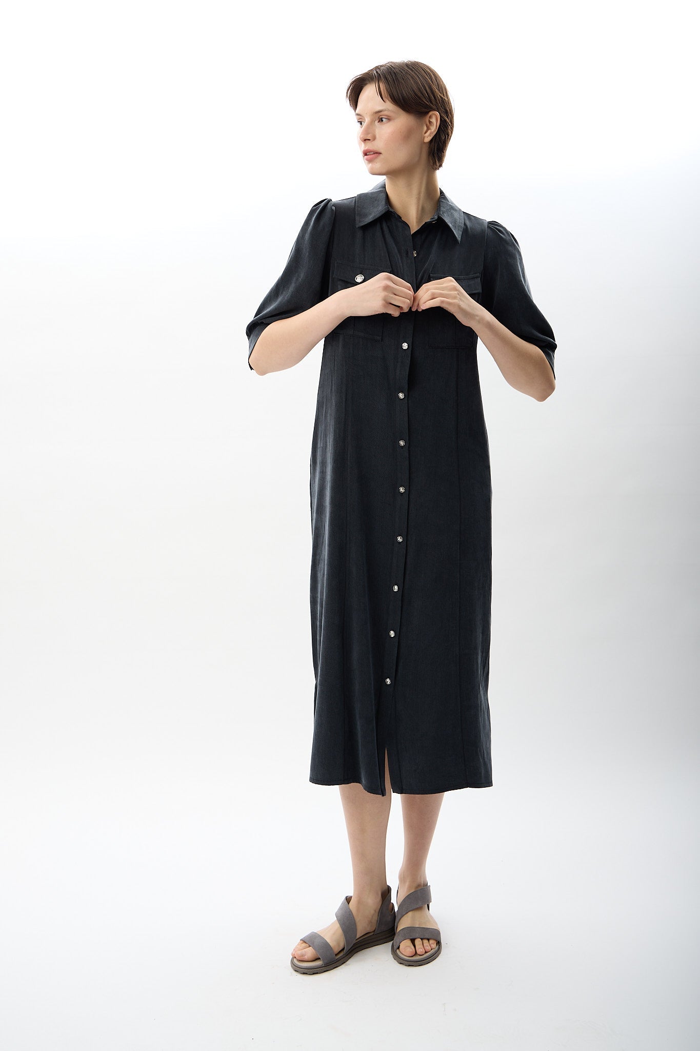 Diagonal-Kısa Kollu Gömlek Elbise-Elbise-4-Milagron.com