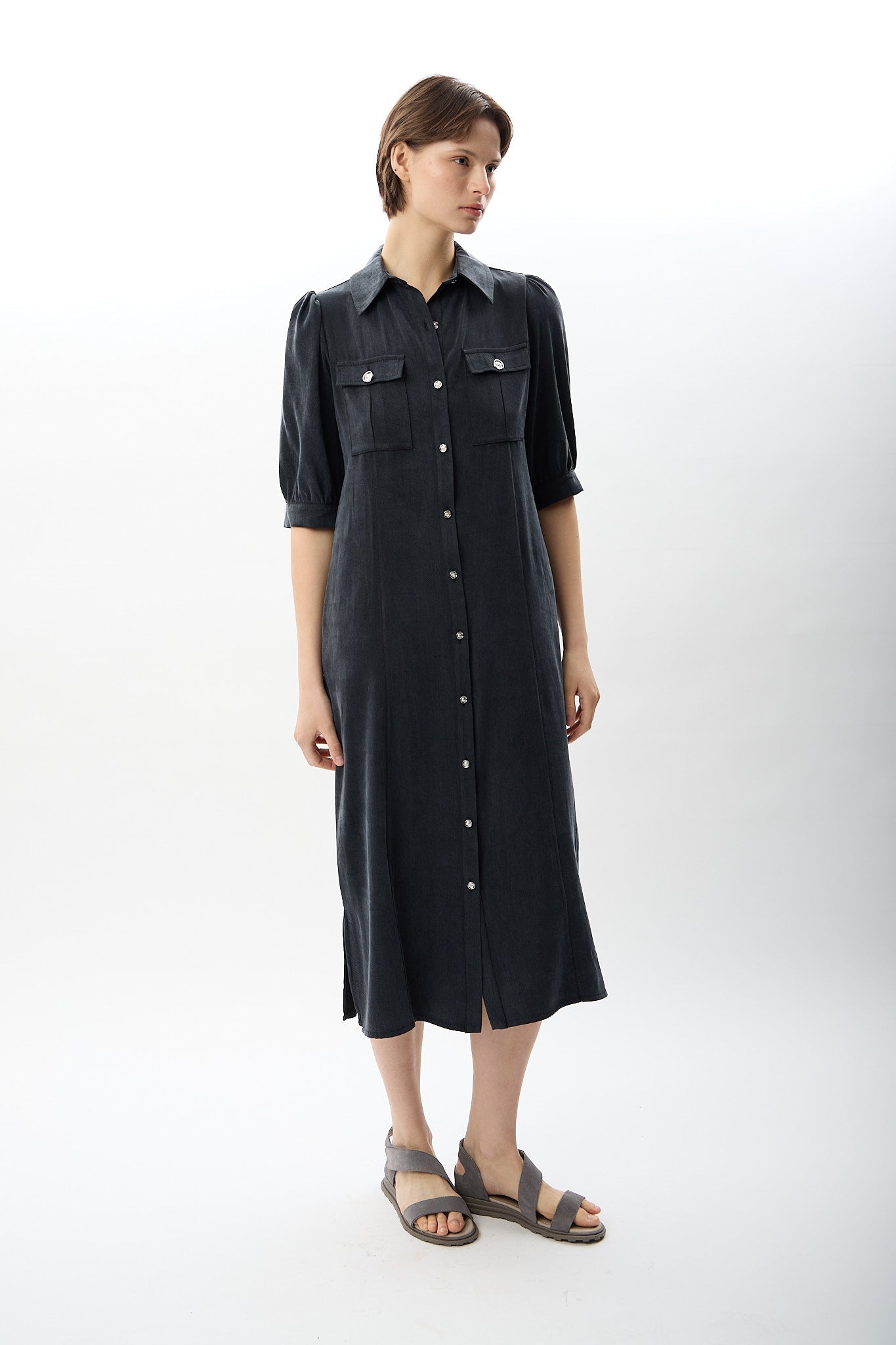 Diagonal-Kısa Kollu Gömlek Elbise-Elbise-6-Milagron.com