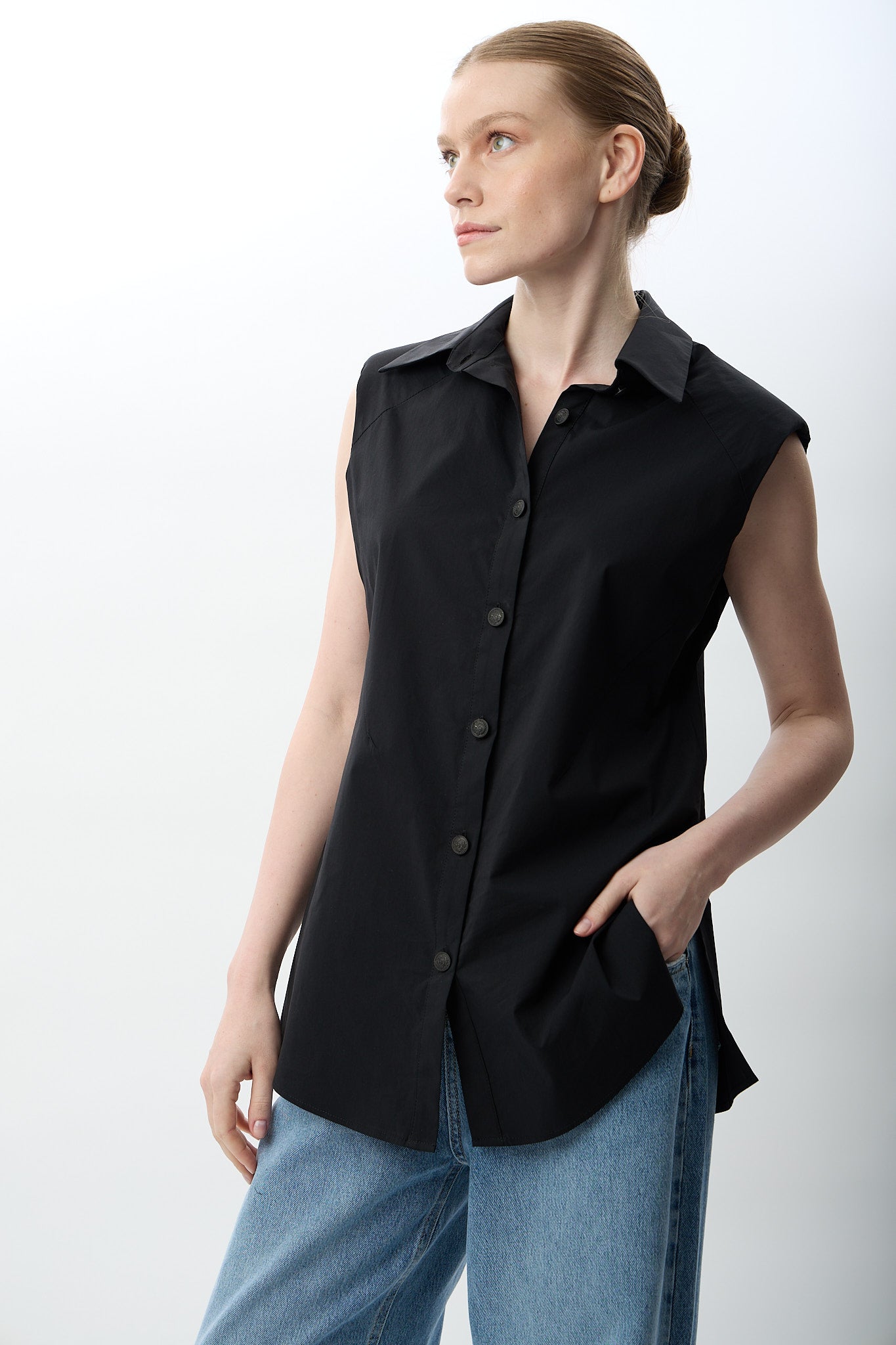 Diagonal-Kolsuz Poplin Gömlek-,-1-Milagron.com