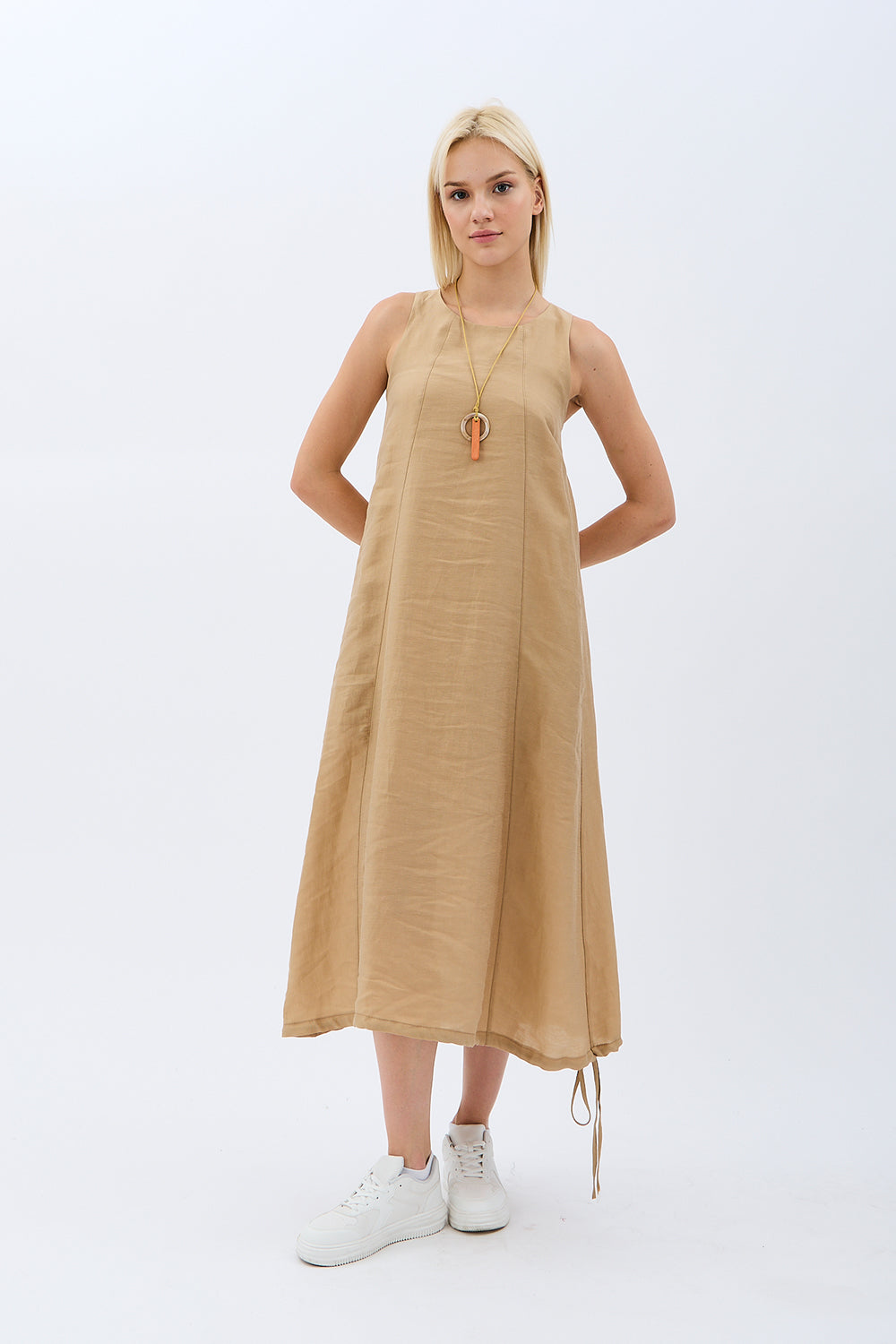 Diagonal-Kolyeli Salaş Elbise (Krem)-ELBİSE-4-Milagron.com