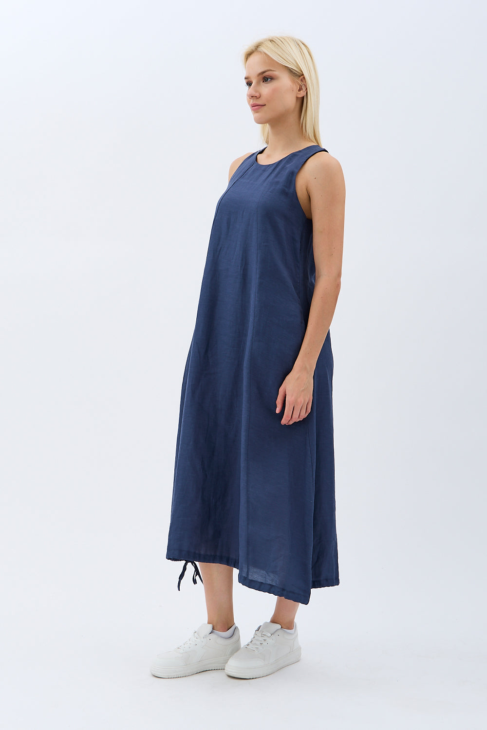 Diagonal-Kolyeli Salaş Elbise (Lacivert)-ELBİSE-4-Milagron.com