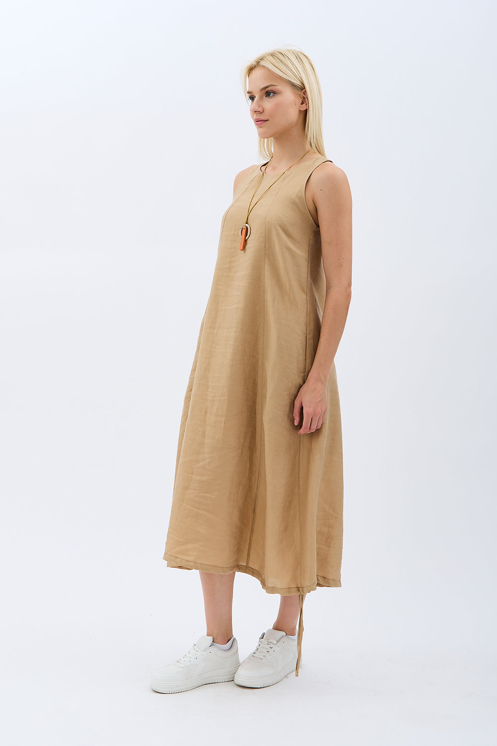 Diagonal-Kolyeli Salaş Elbise (Krem)-ELBİSE-6-Milagron.com