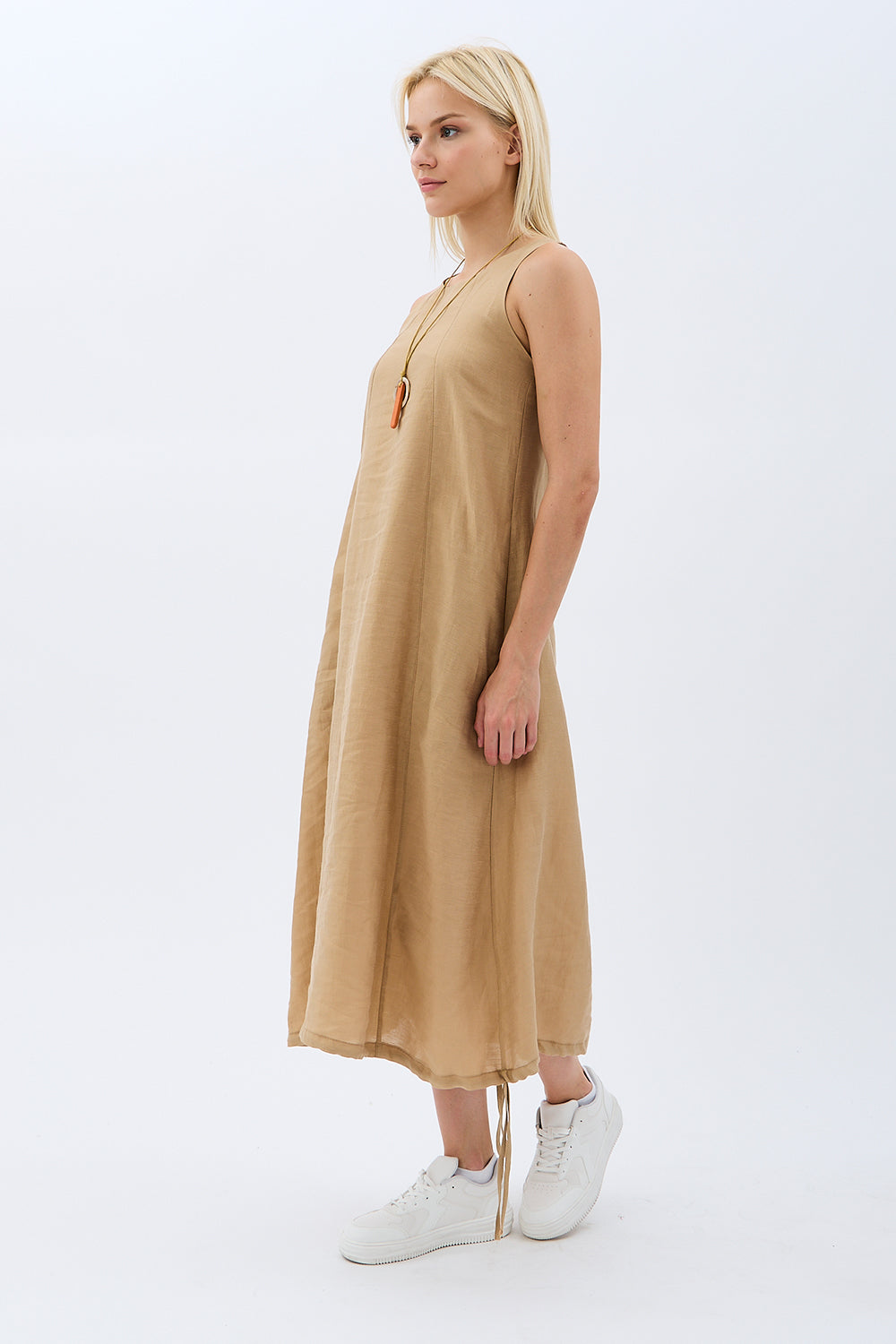 Diagonal-Kolyeli Salaş Elbise (Krem)-ELBİSE-7-Milagron.com