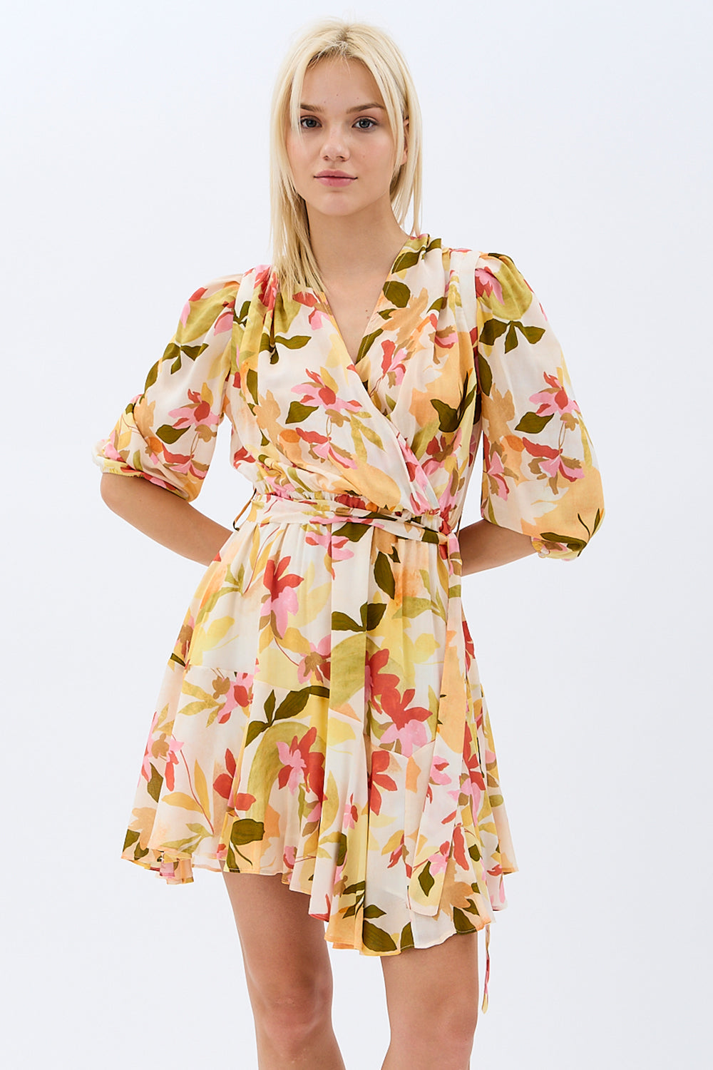 Diagonal-Kruvaze Yaka çiçekli Elbise (Desenli)-ELBİSE-1-Milagron.com