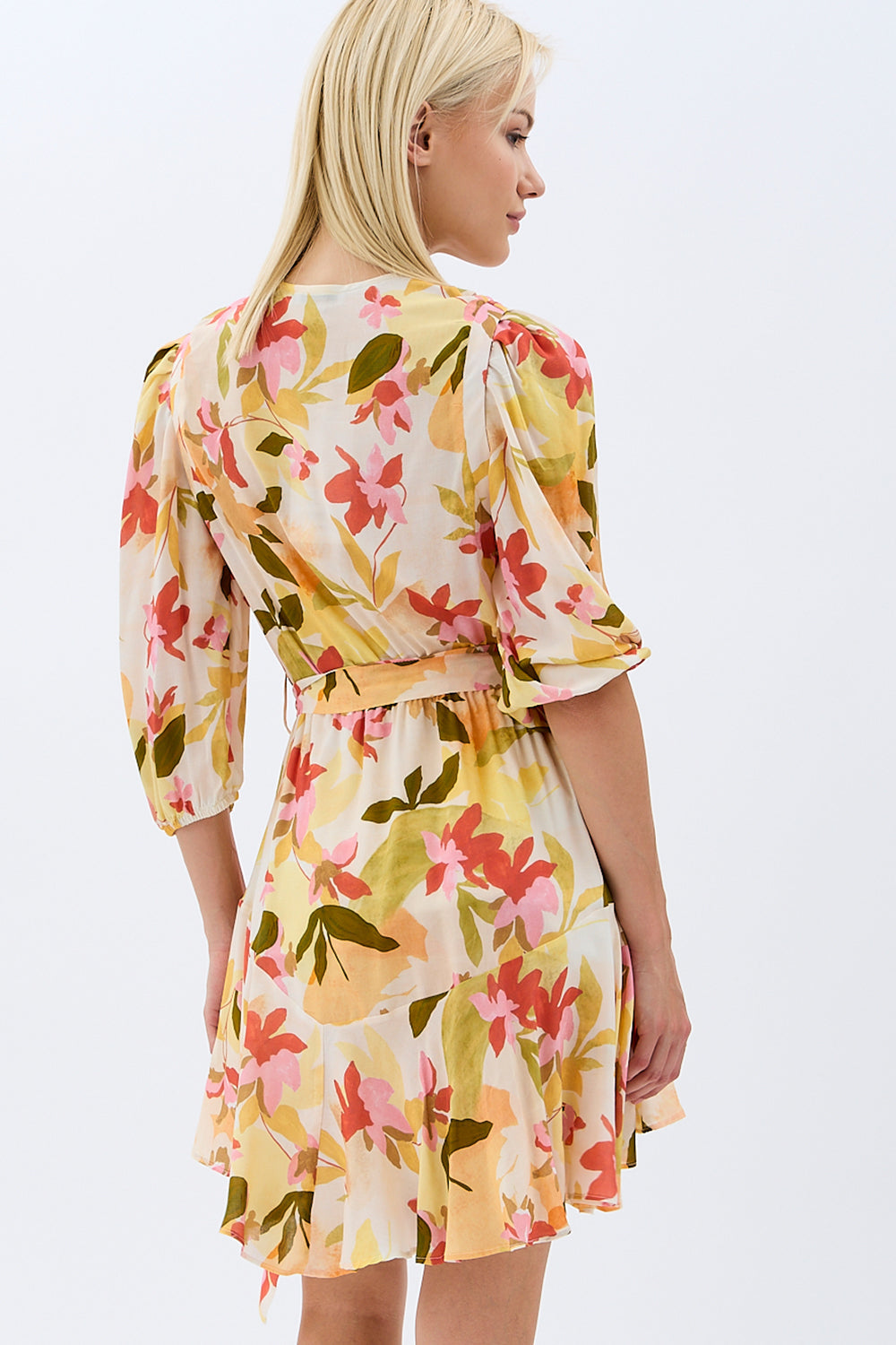 Diagonal-Kruvaze Yaka çiçekli Elbise (Desenli)-ELBİSE-10-Milagron.com