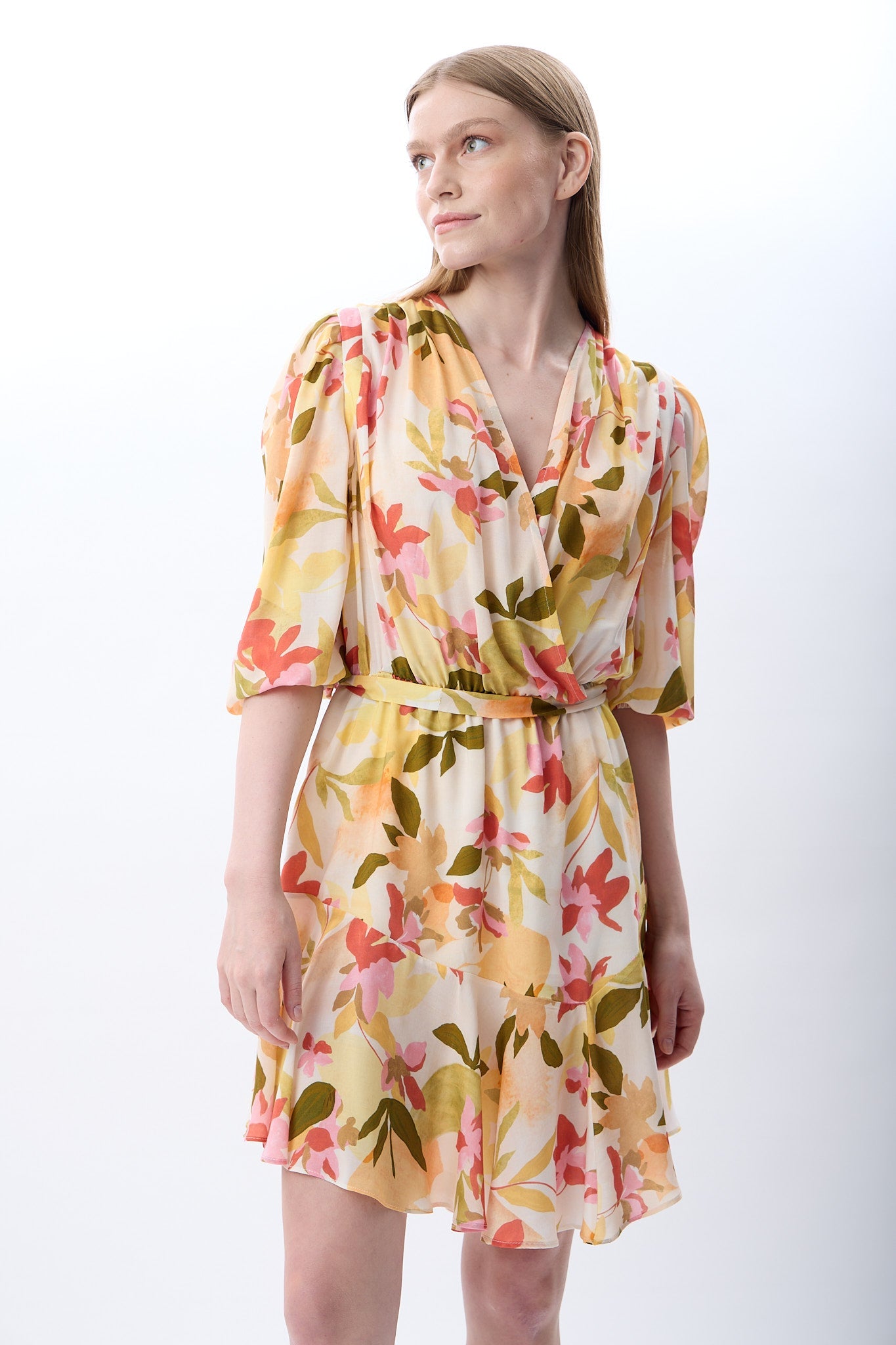 Diagonal-Kruvaze Yaka çiçekli Elbise (Desenli)-ELBİSE-11-Milagron.com