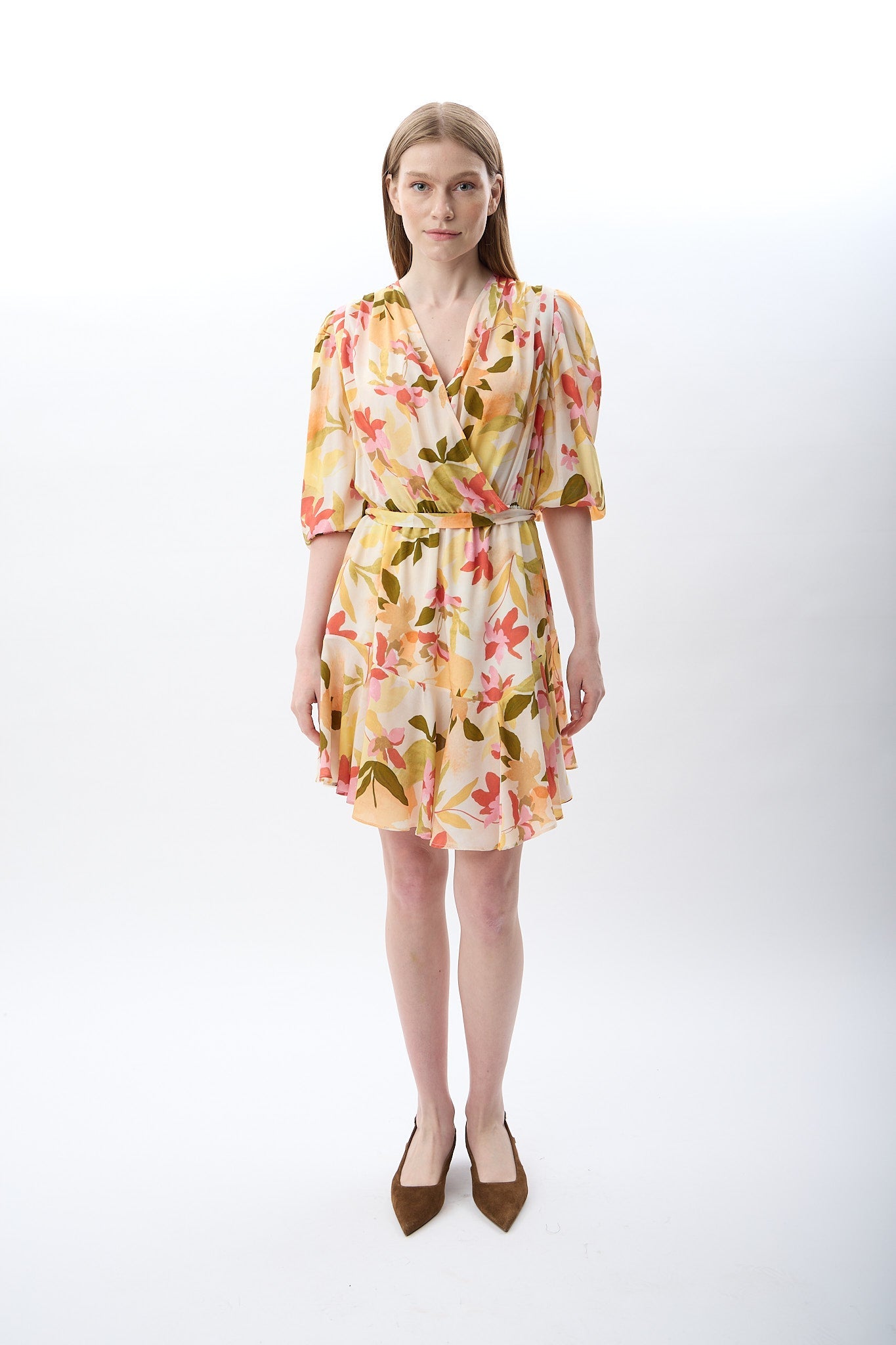 Diagonal-Kruvaze Yaka çiçekli Elbise (Desenli)-ELBİSE-13-Milagron.com