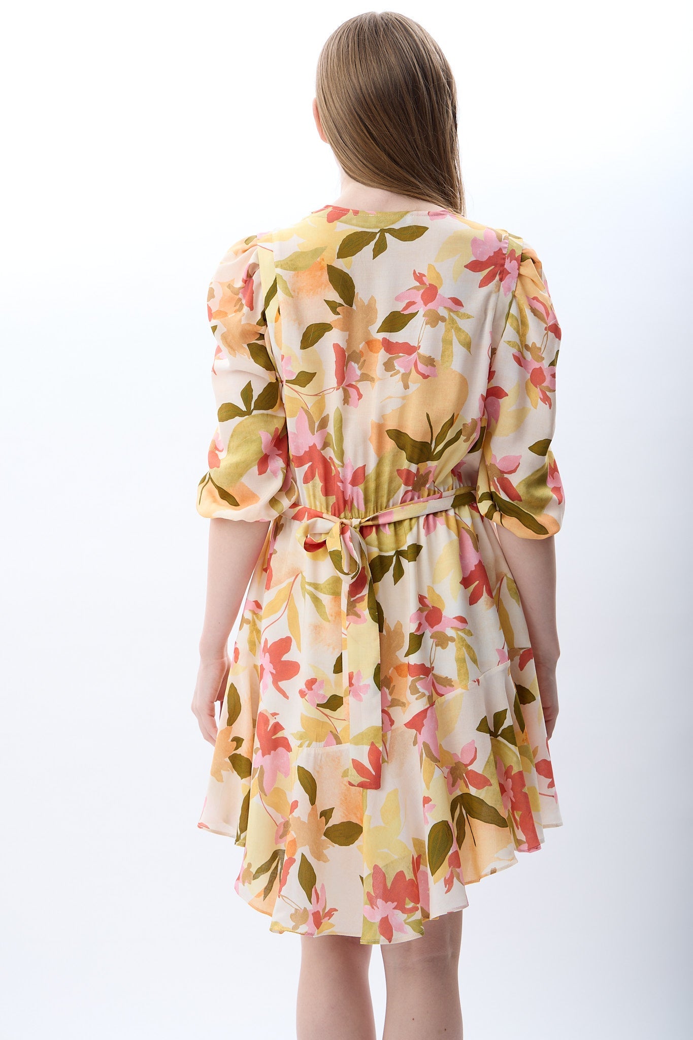 Diagonal-Kruvaze Yaka çiçekli Elbise (Desenli)-ELBİSE-14-Milagron.com