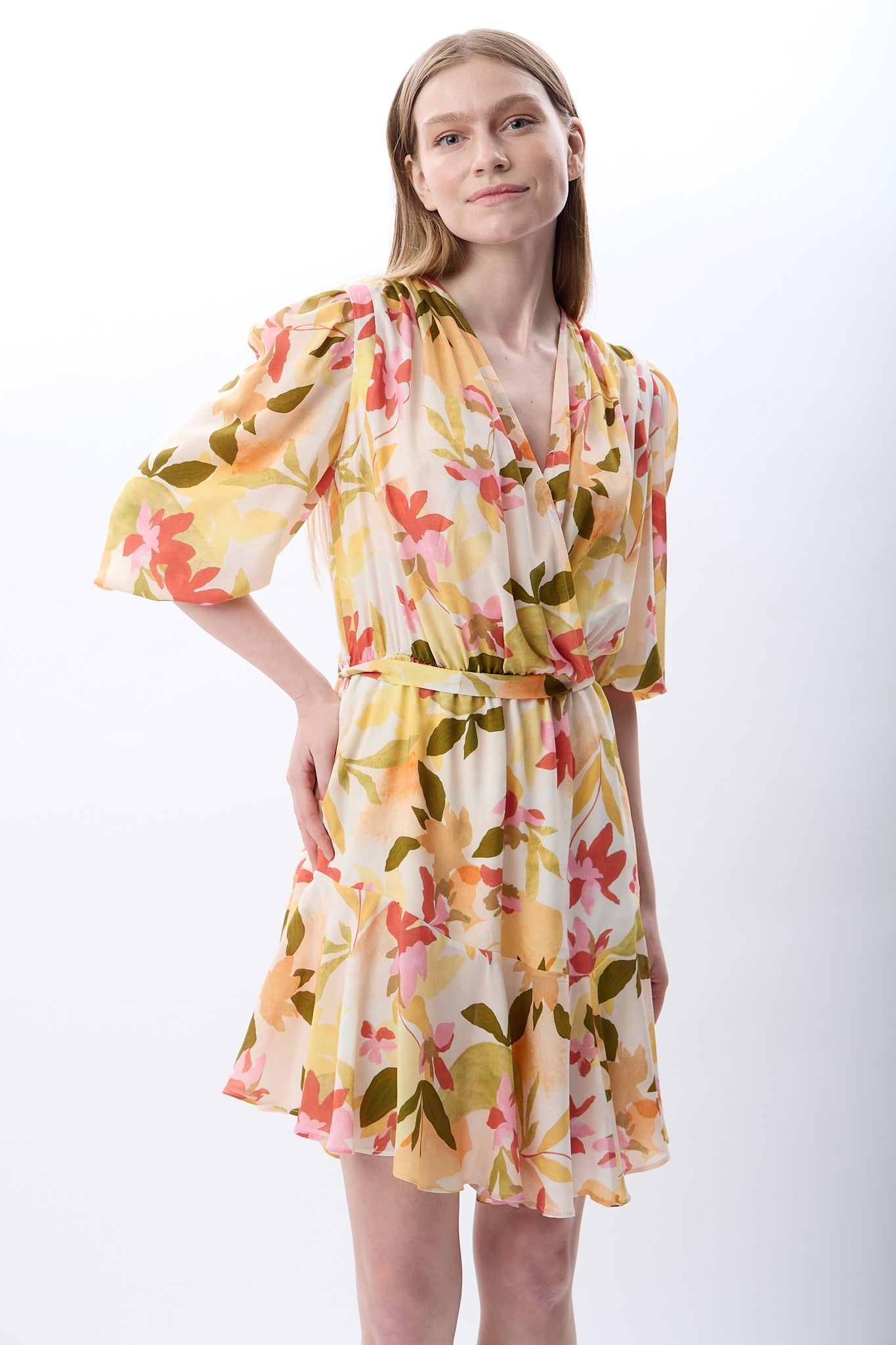 Diagonal-Kruvaze Yaka çiçekli Elbise (Desenli)-ELBİSE-15-Milagron.com