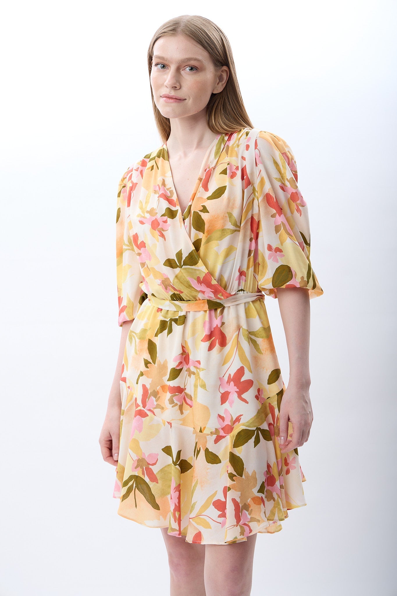 Diagonal-Kruvaze Yaka çiçekli Elbise (Desenli)-ELBİSE-19-Milagron.com