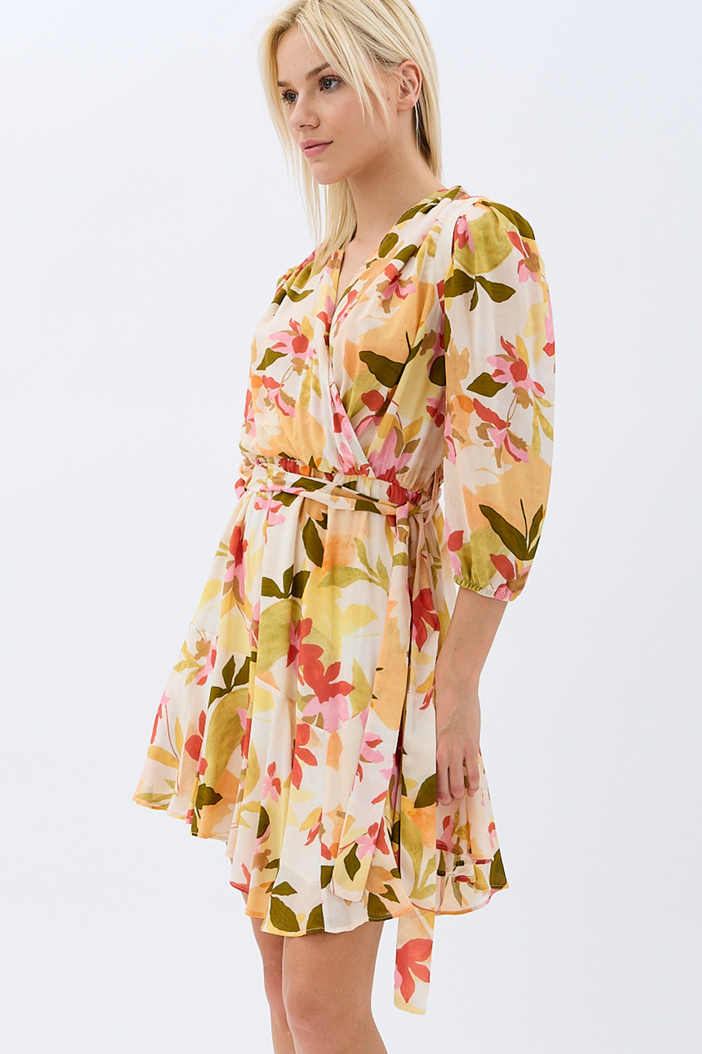 Diagonal-Kruvaze Yaka çiçekli Elbise (Desenli)-ELBİSE-2-Milagron.com