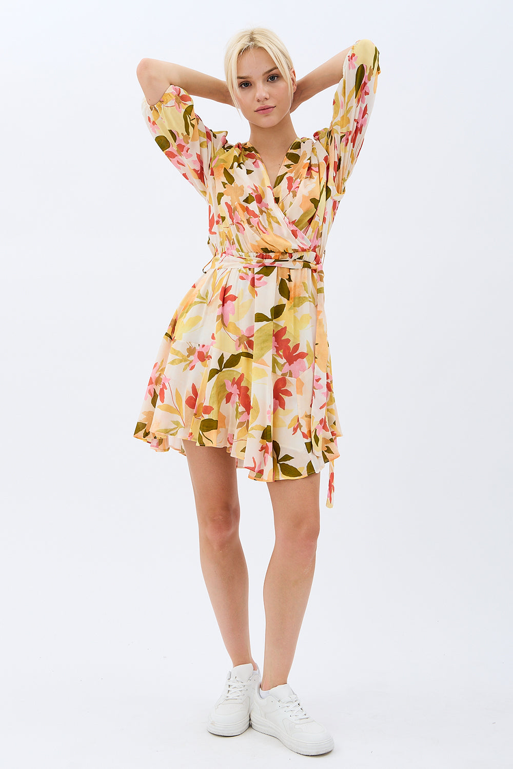 Diagonal-Kruvaze Yaka çiçekli Elbise (Desenli)-ELBİSE-3-Milagron.com