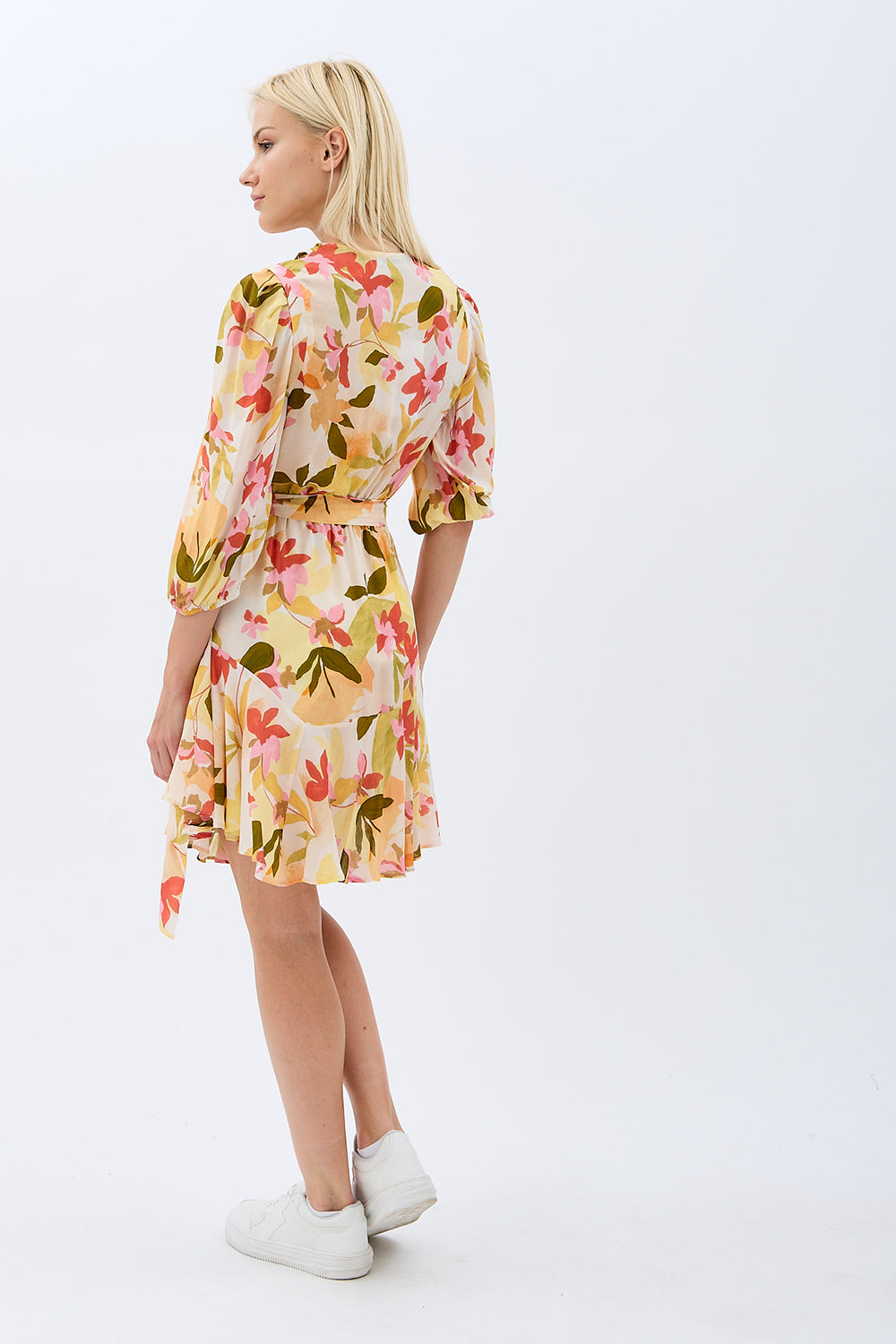 Diagonal-Kruvaze Yaka çiçekli Elbise (Desenli)-ELBİSE-4-Milagron.com