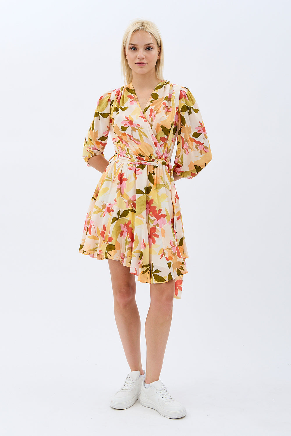 Diagonal-Kruvaze Yaka çiçekli Elbise (Desenli)-ELBİSE-5-Milagron.com