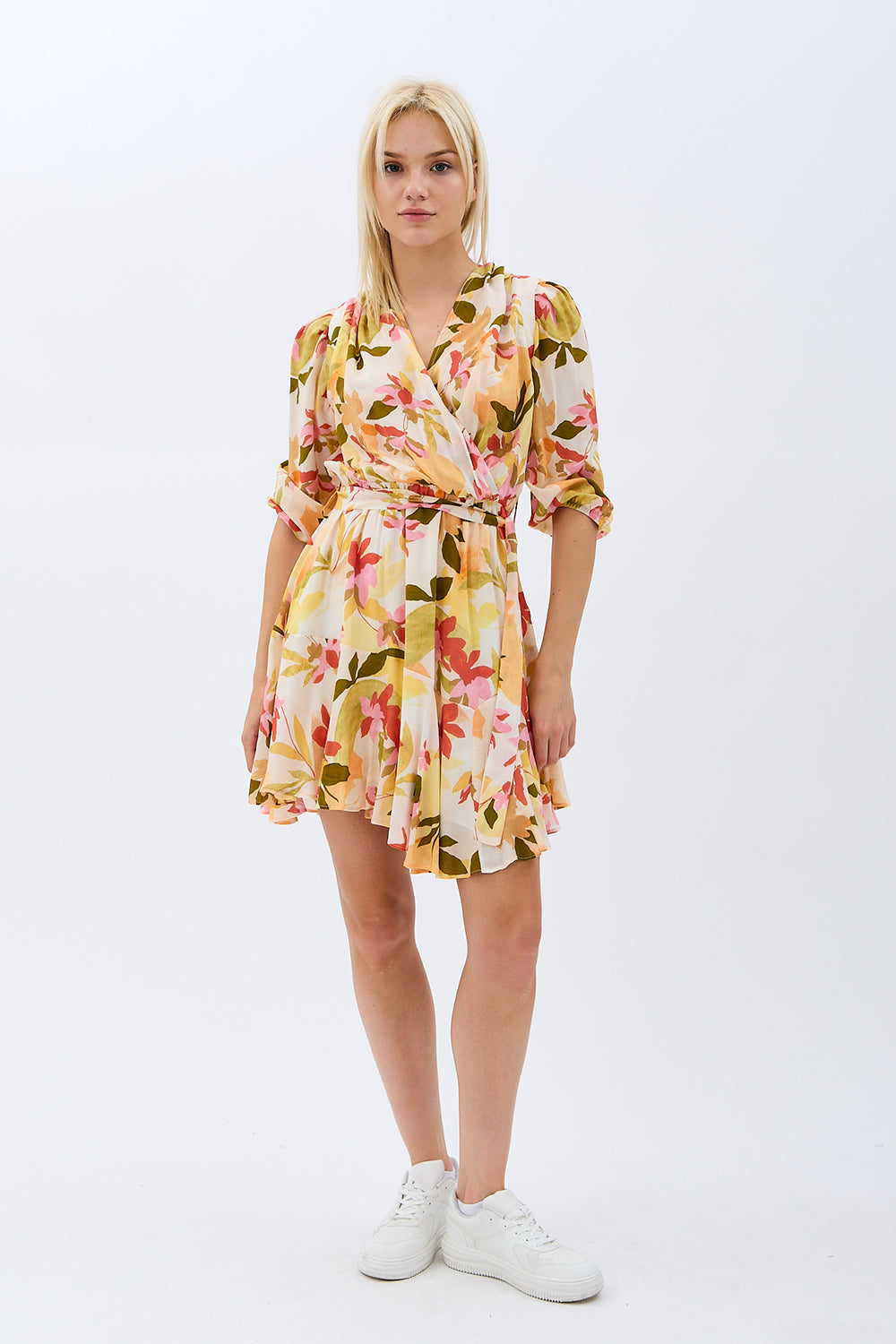 Diagonal-Kruvaze Yaka çiçekli Elbise (Desenli)-ELBİSE-7-Milagron.com