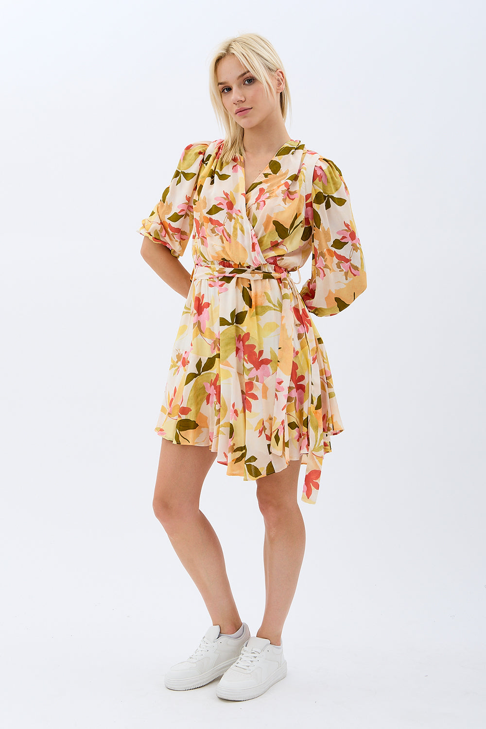 Diagonal-Kruvaze Yaka çiçekli Elbise (Desenli)-ELBİSE-8-Milagron.com