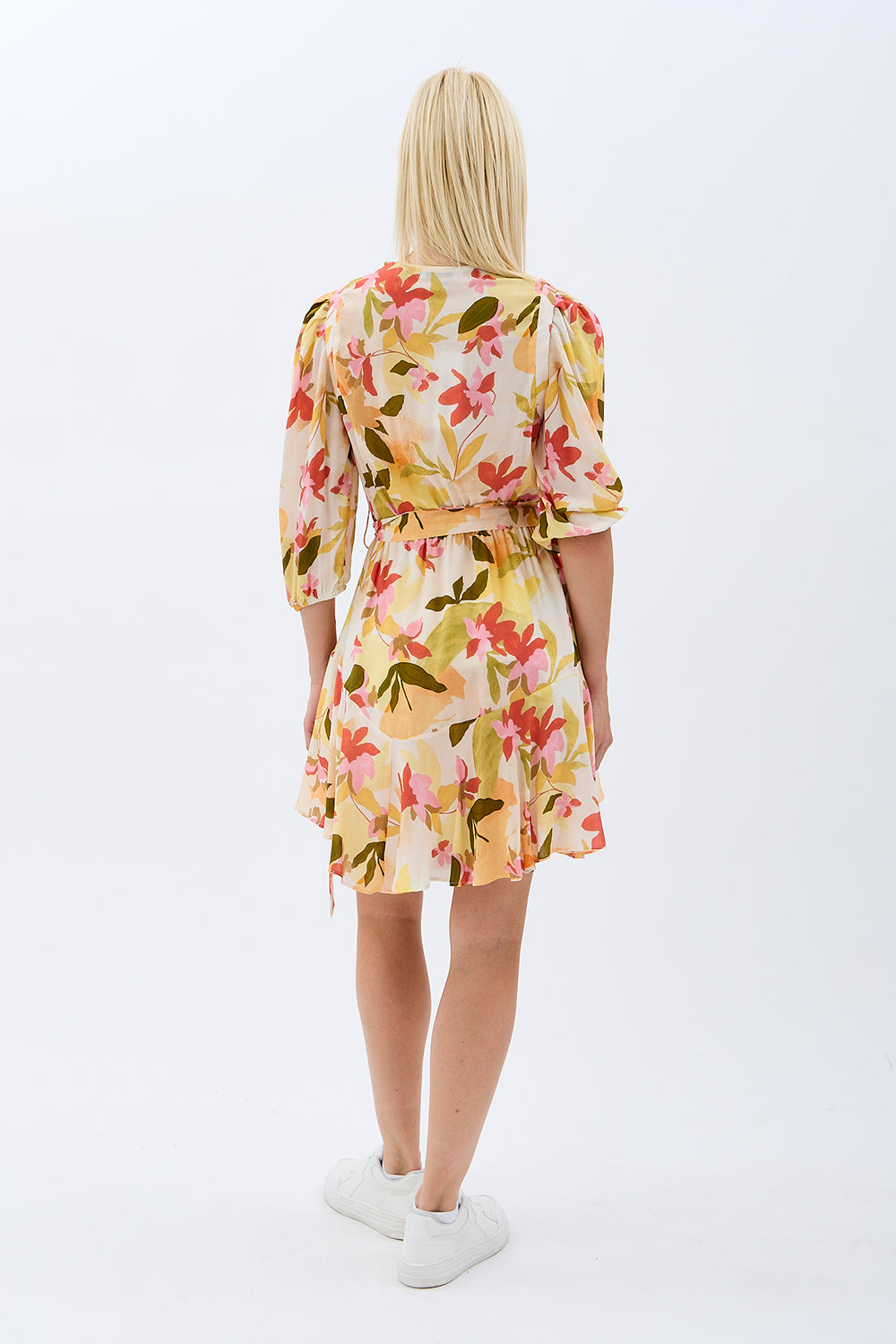 Diagonal-Kruvaze Yaka çiçekli Elbise (Desenli)-ELBİSE-9-Milagron.com