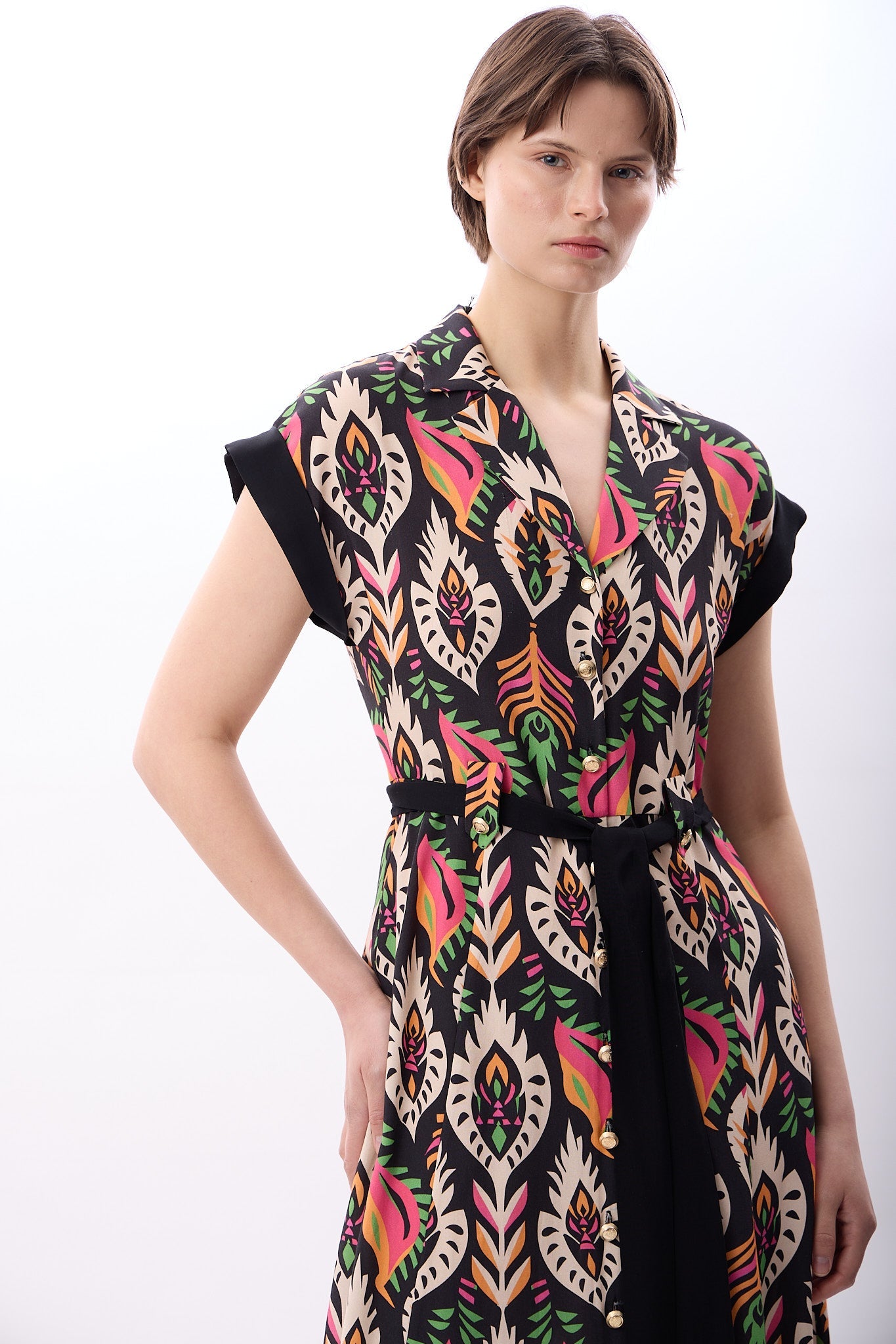 Diagonal-Kuşak Bağlamalı Gömlek Elbise-Elbise-7-Milagron.com