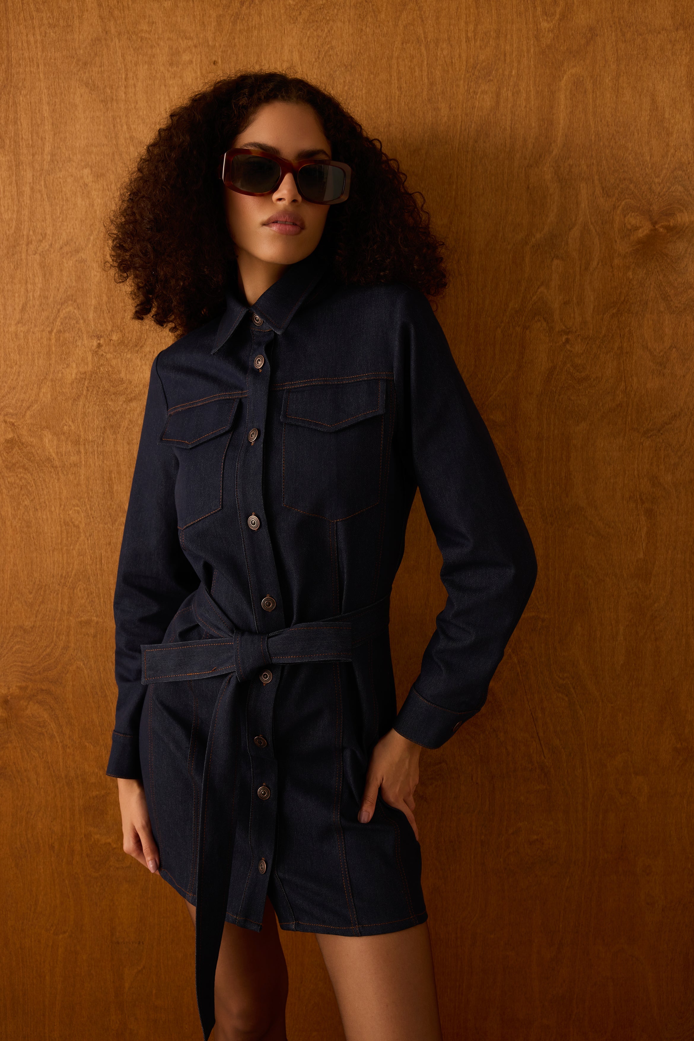 Diagonal-Kuşaklı Denim Elbise-Elbise-1-Milagron.com