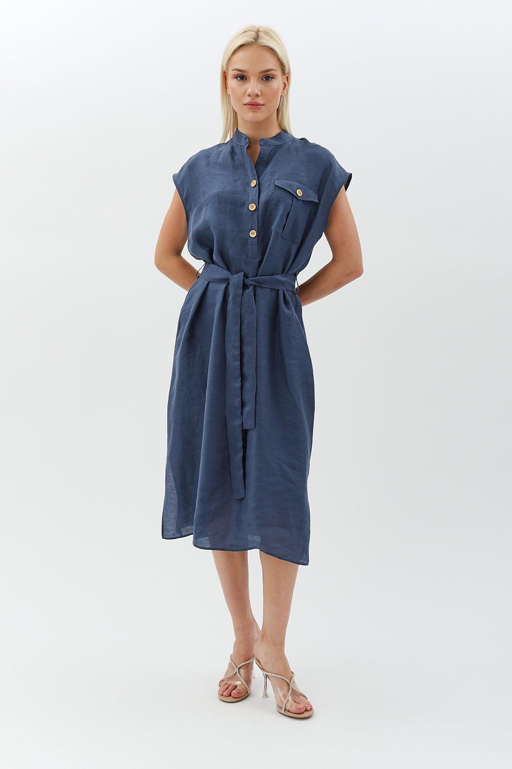 Diagonal-Kuşaklı Düğme Detaylı Elbise-Elbise-2-Milagron.com