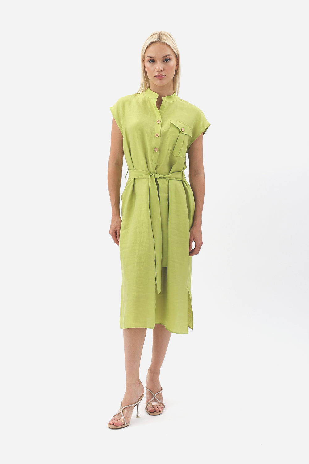 Diagonal-Kuşaklı Düğme Detaylı Elbise-Elbise-3-Milagron.com