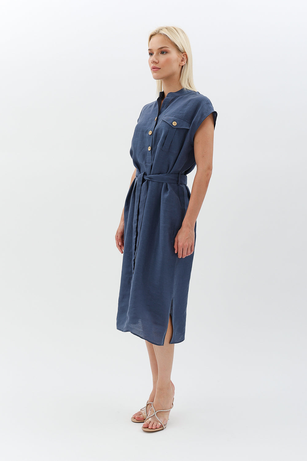 Diagonal-Kuşaklı Düğme Detaylı Elbise-Elbise-4-Milagron.com