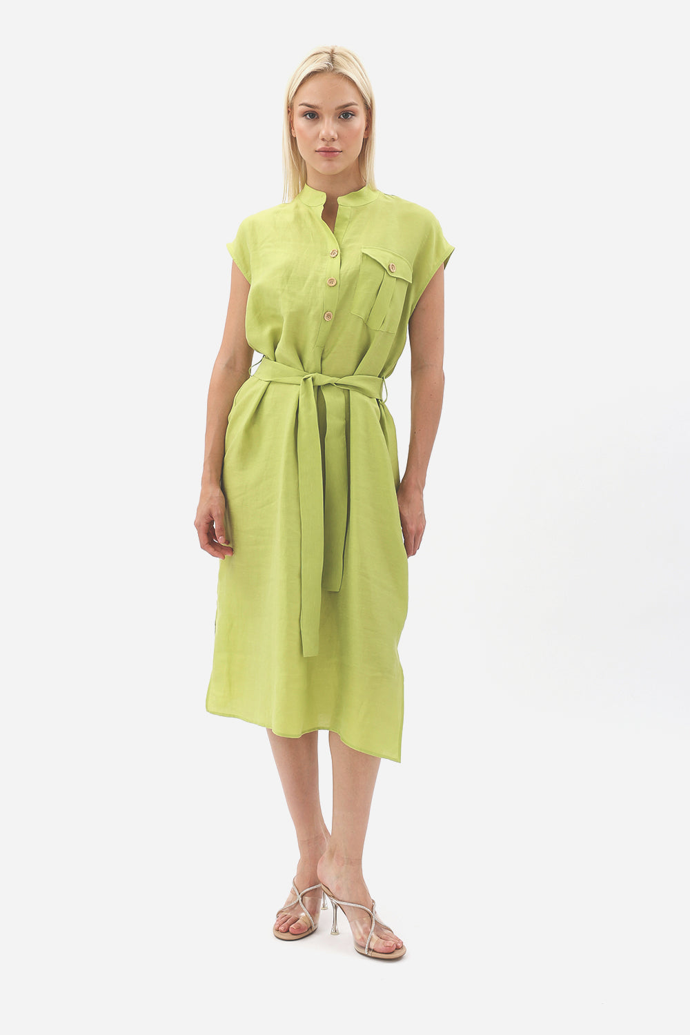 Diagonal-Kuşaklı Düğme Detaylı Elbise-Elbise-5-Milagron.com