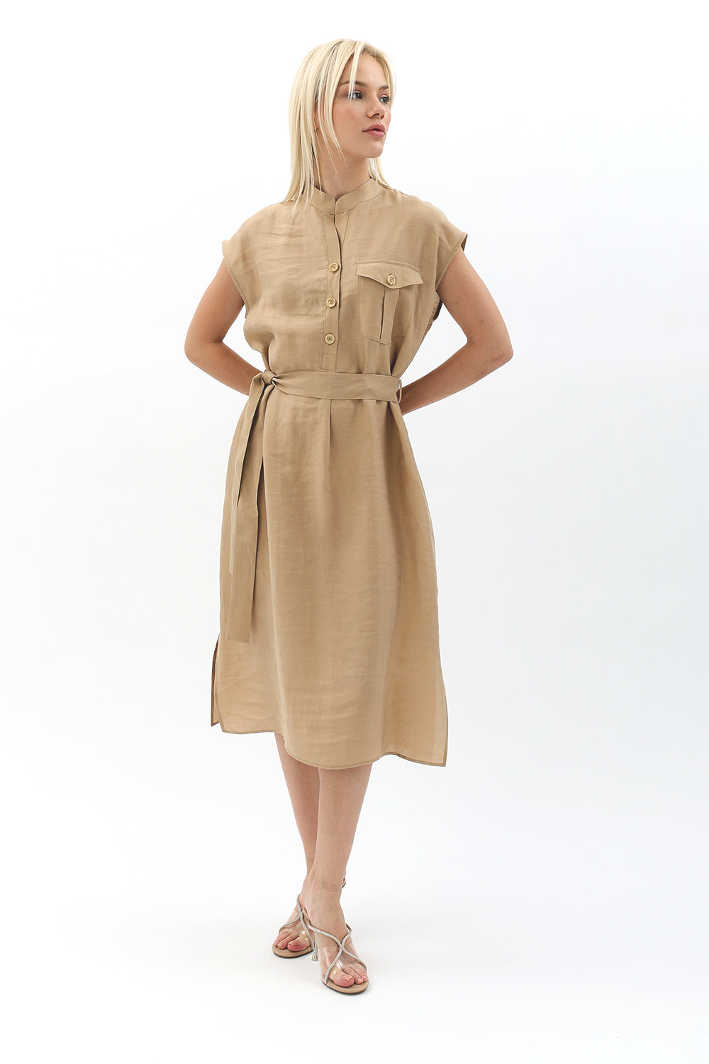 Diagonal-Kuşaklı Düğme Detaylı Elbise-Elbise-5-Milagron.com