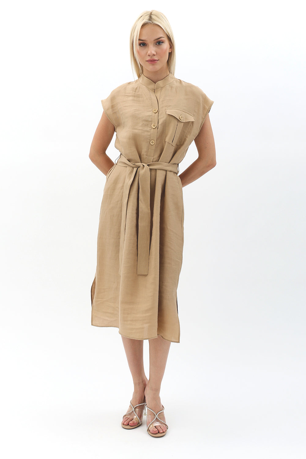 Diagonal-Kuşaklı Düğme Detaylı Elbise-Elbise-6-Milagron.com