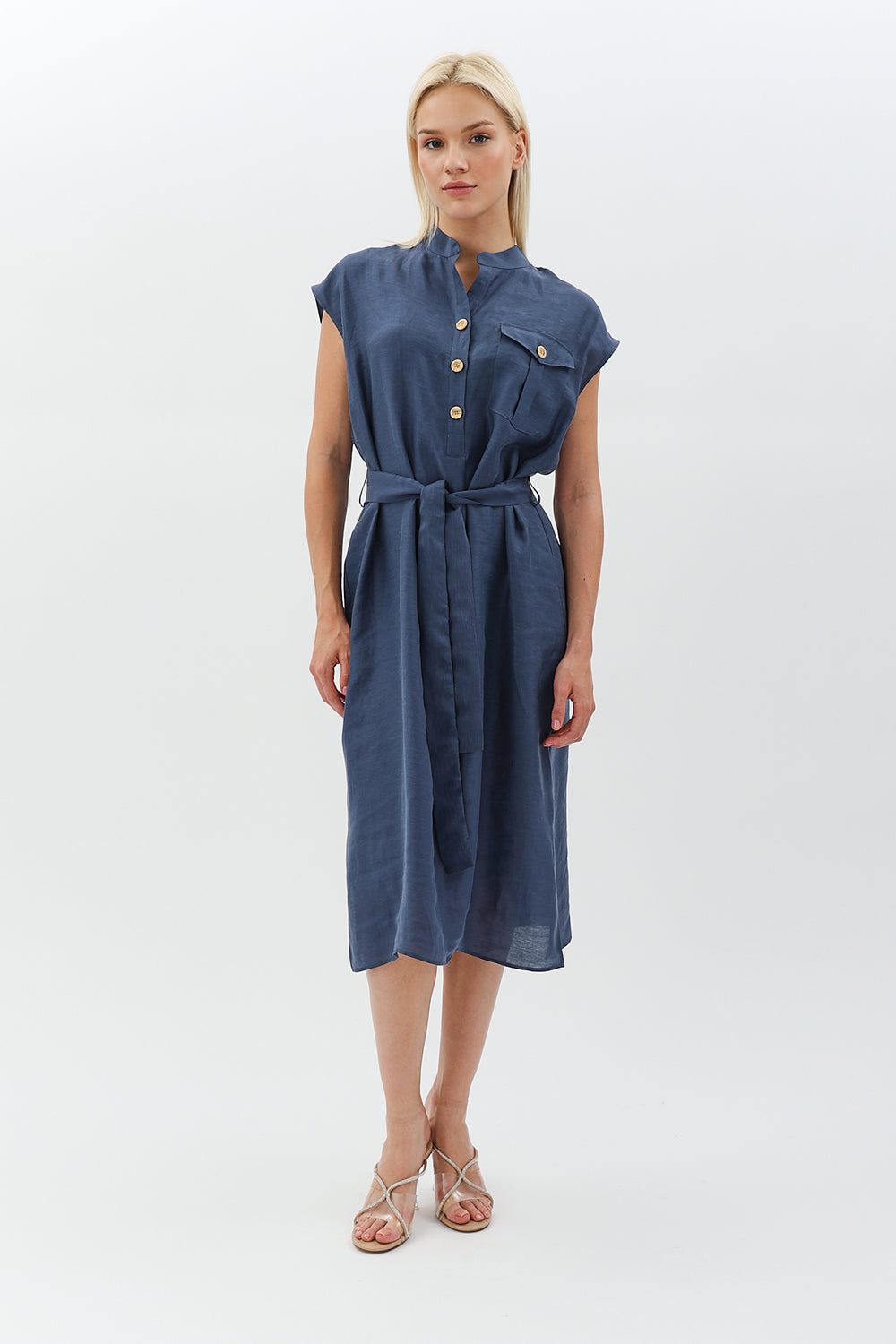 Diagonal-Kuşaklı Düğme Detaylı Elbise-Elbise-7-Milagron.com