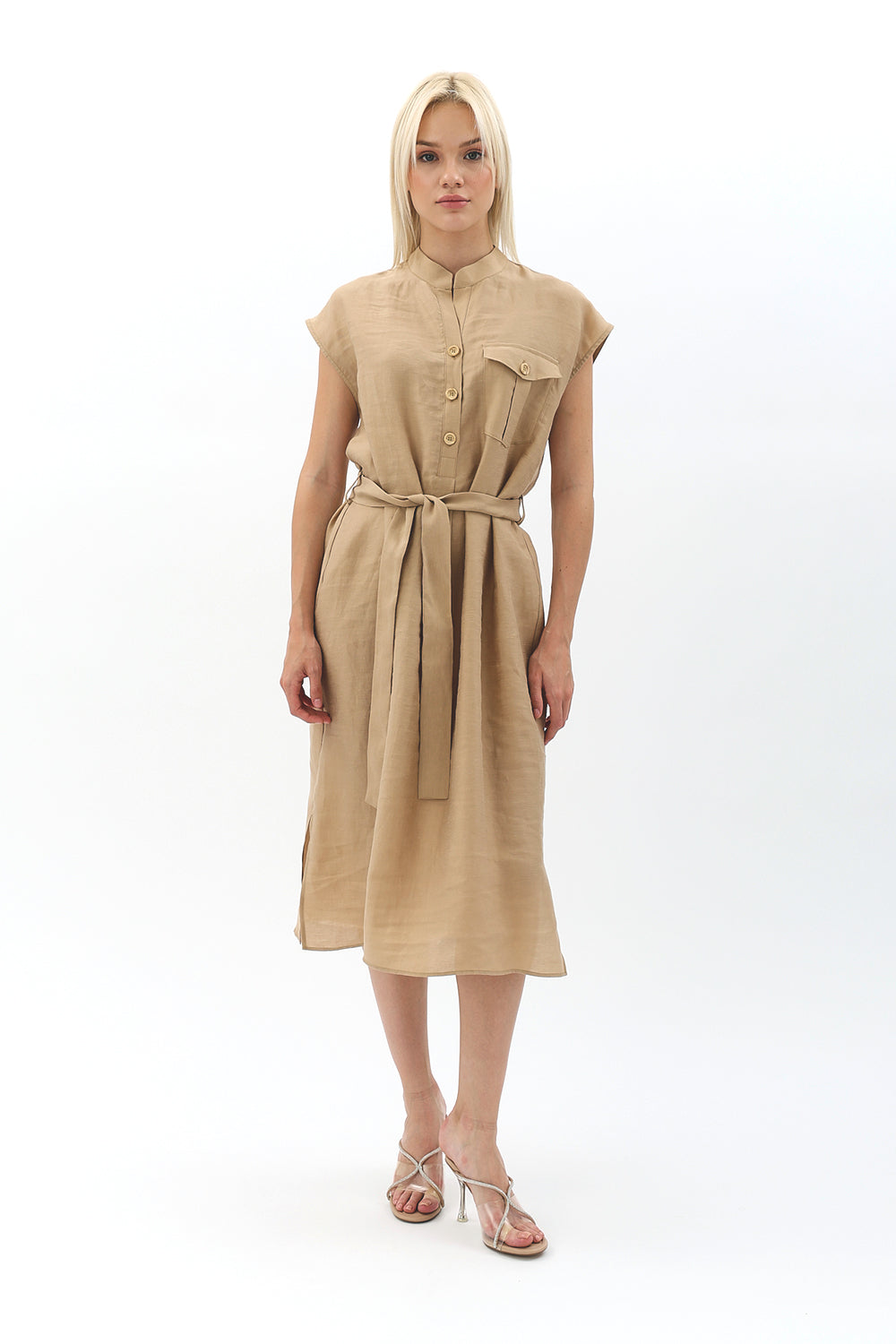 Diagonal-Kuşaklı Düğme Detaylı Elbise-Elbise-8-Milagron.com