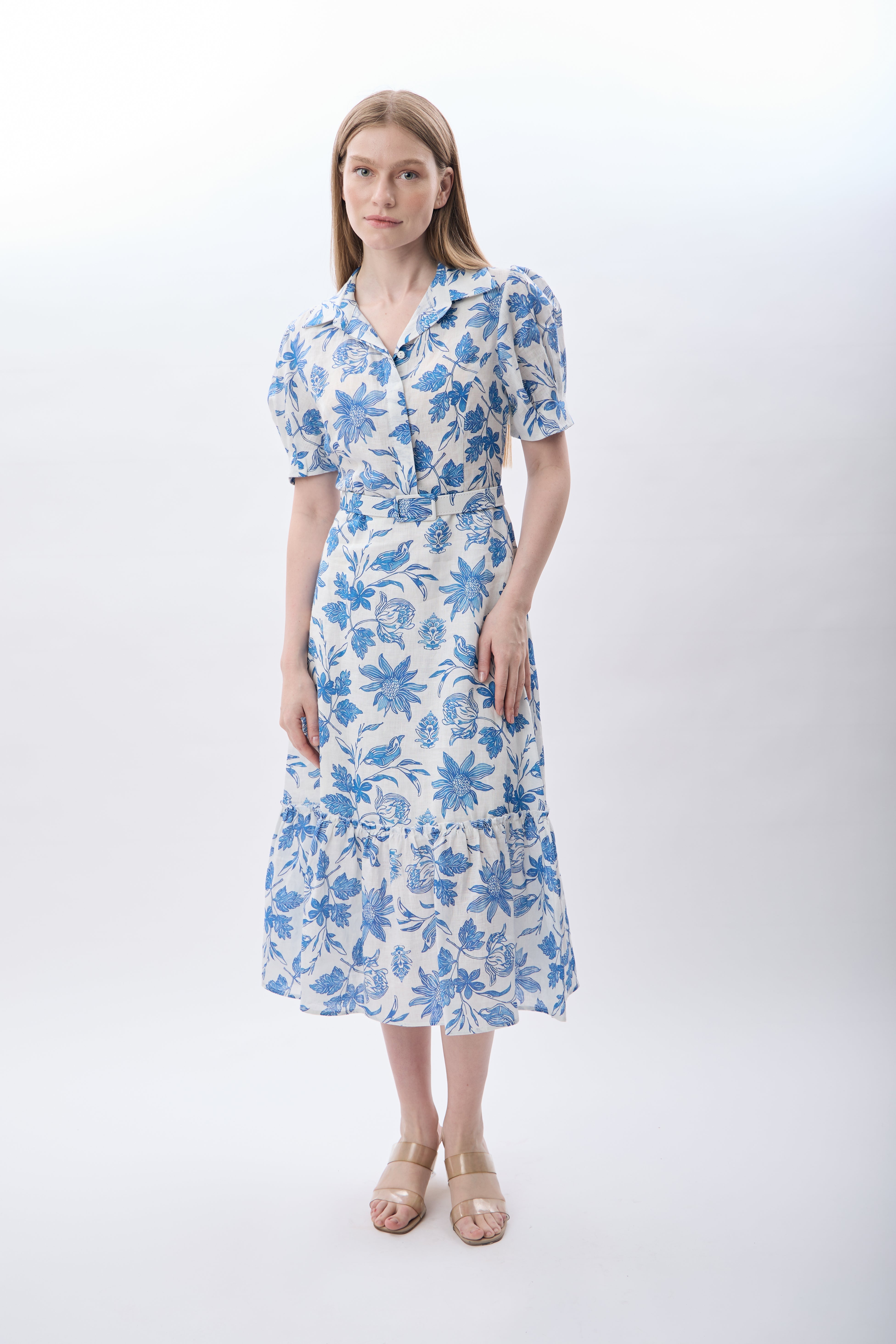 Diagonal-Mavi çiçek Desenli Kemerli Elbise-Elbise-4-Milagron.com