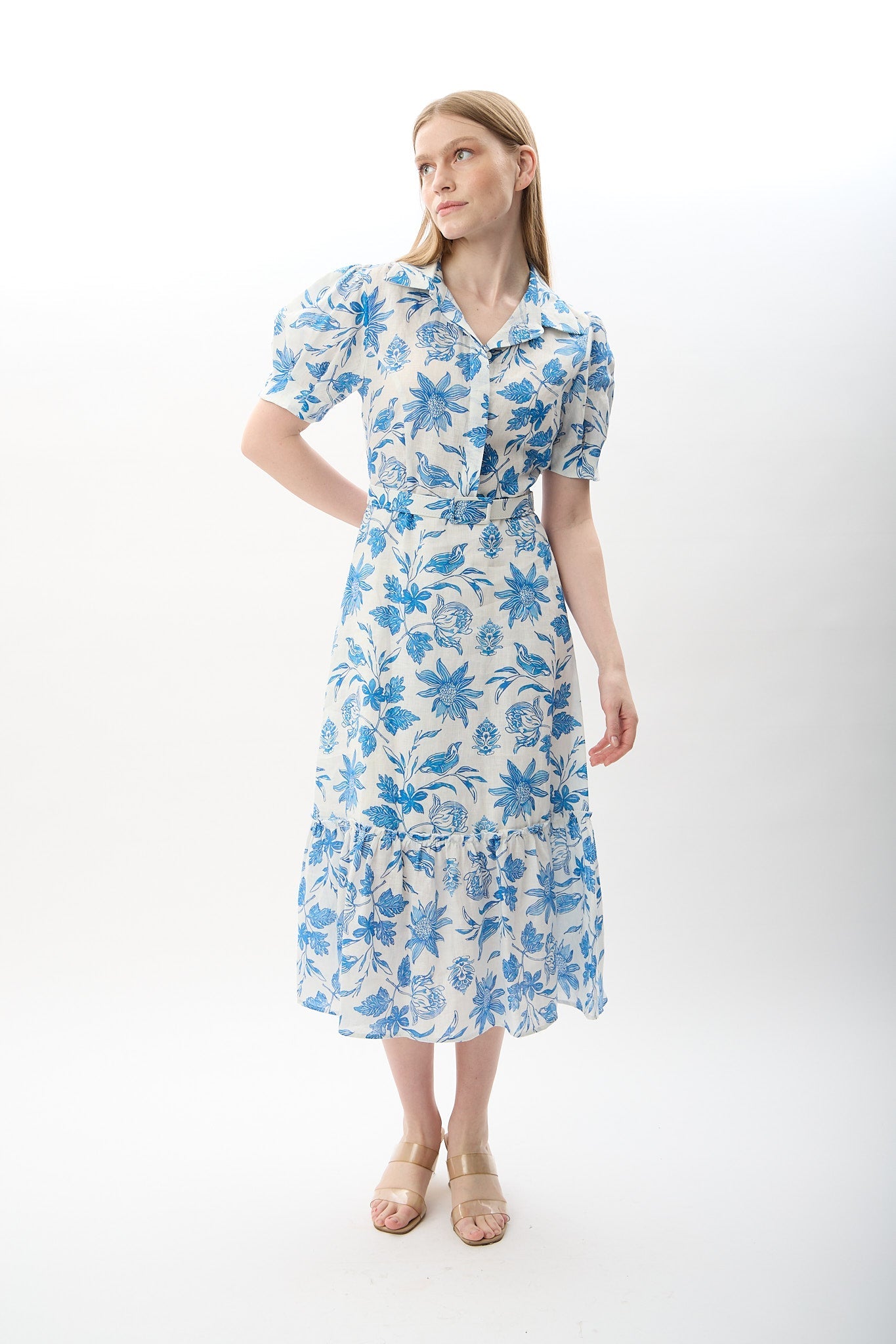 Diagonal-Mavi çiçek Desenli Kemerli Elbise-Elbise-6-Milagron.com