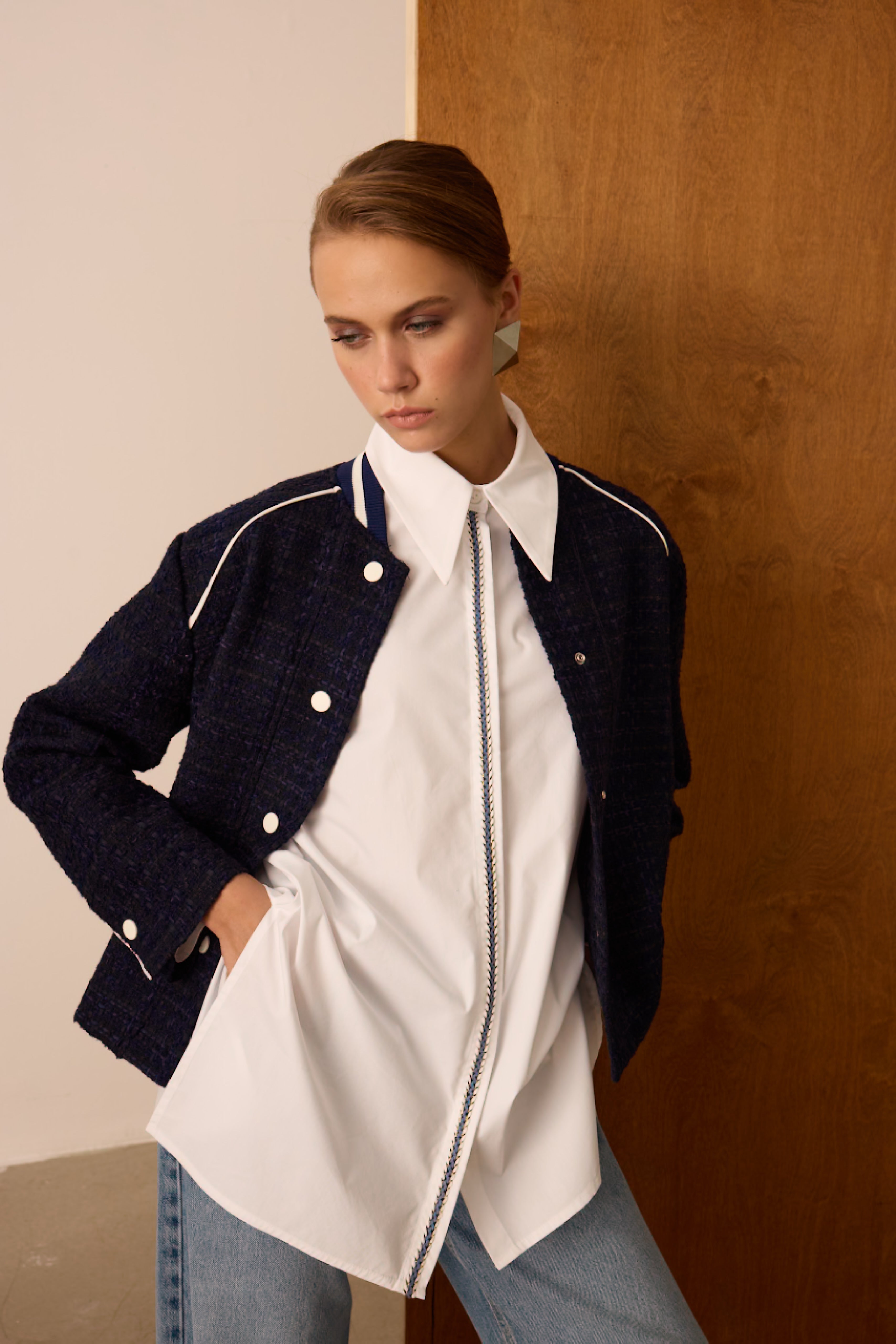 Diagonal-Nakışlı Ekru Gömlek-Gömlek-4-Milagron.com